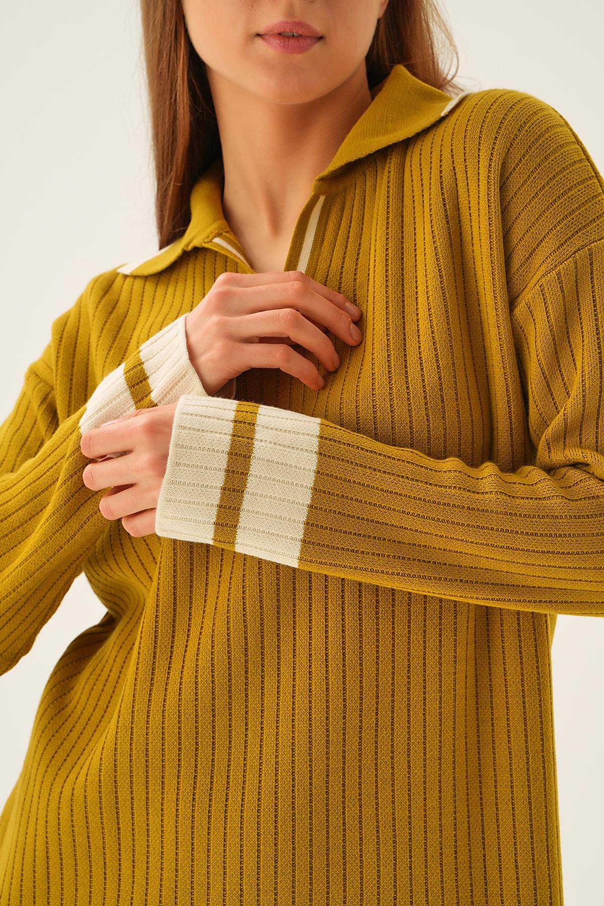 4665 Polo Yaka Triko Elbise Yağ Yeşili - 6