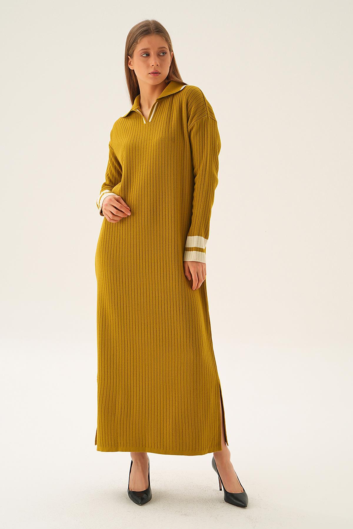 Yağ Yeşili Polo Yaka Triko Elbise 4665 - 2