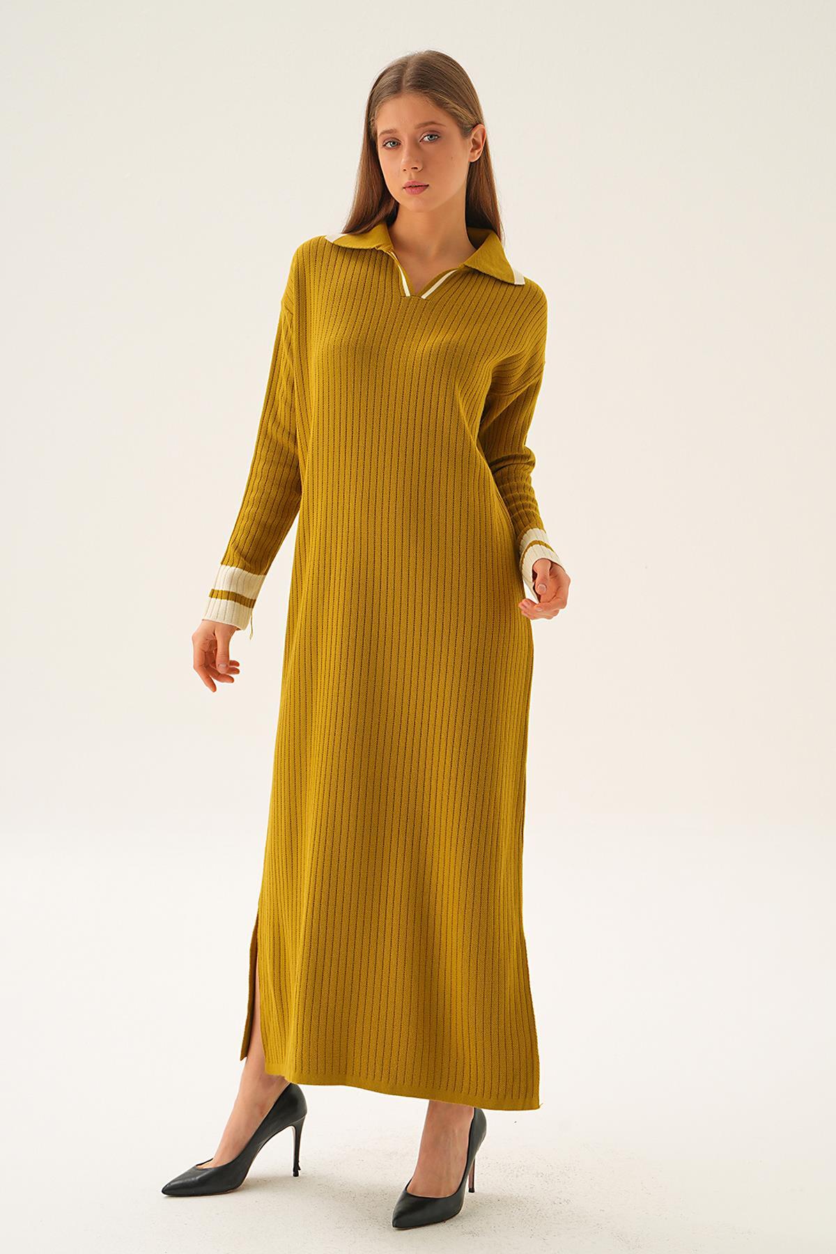 Yağ Yeşili Polo Yaka Triko Elbise 4665 - 3