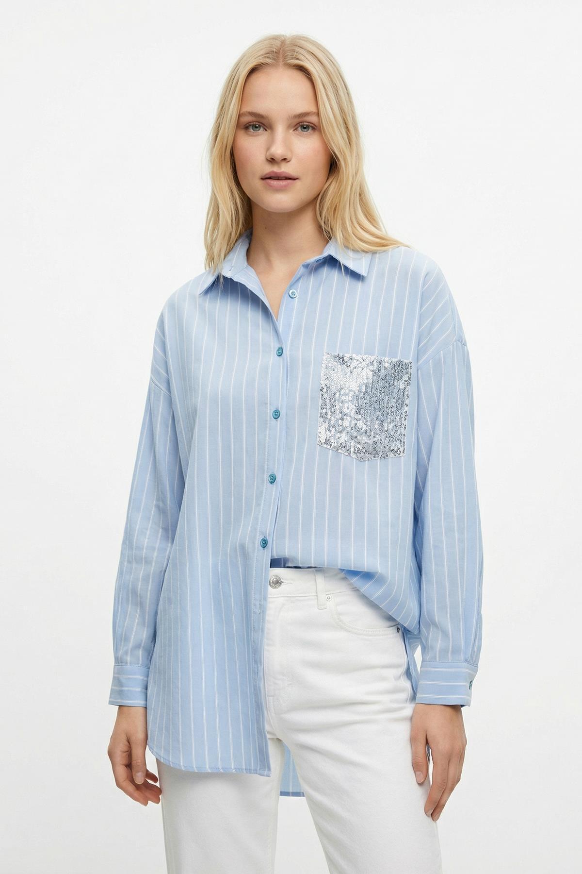Açık Mavi Cep Payetli Gömlek 4675A 