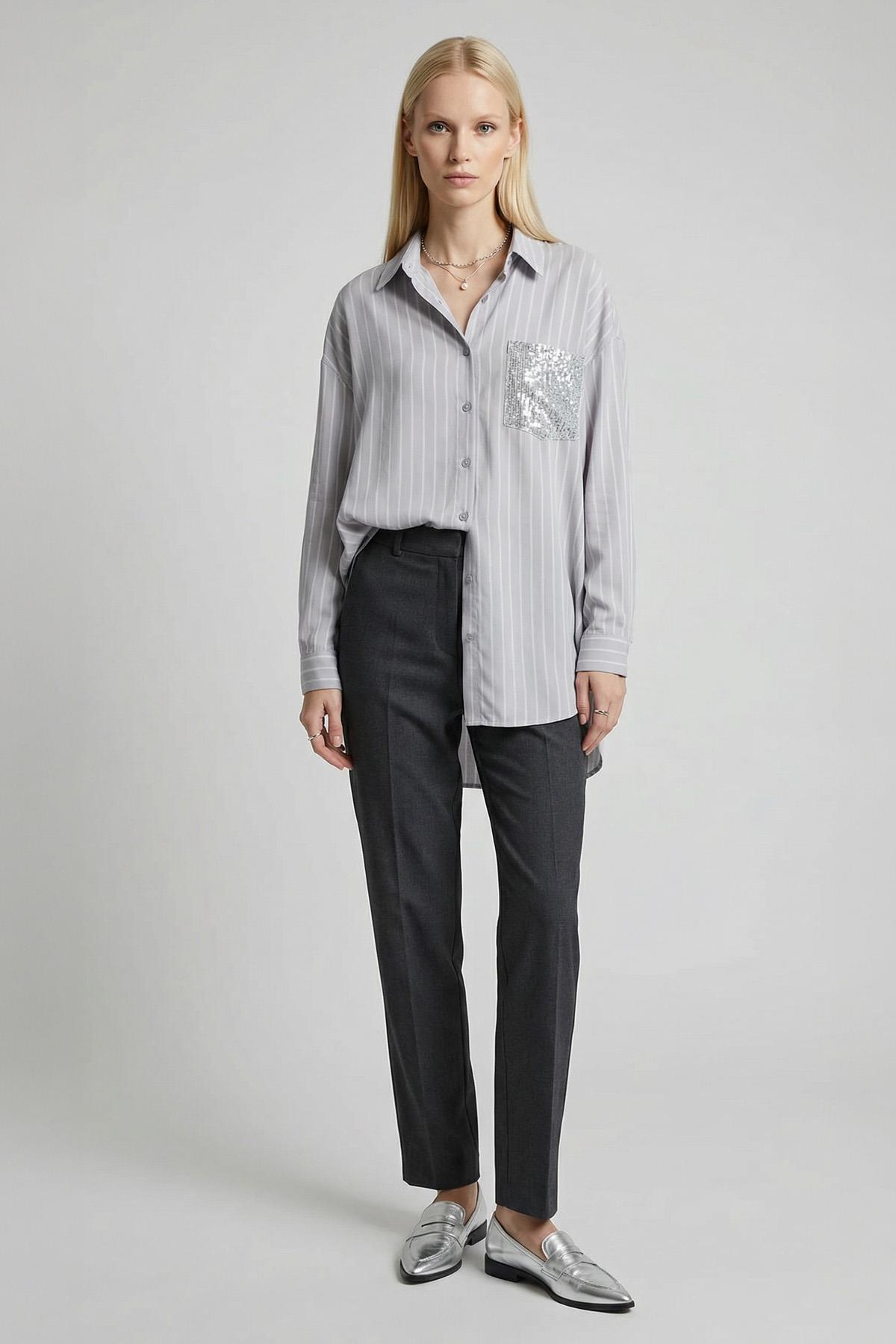 4675A Cep Payetli Gömlek Gri - 1