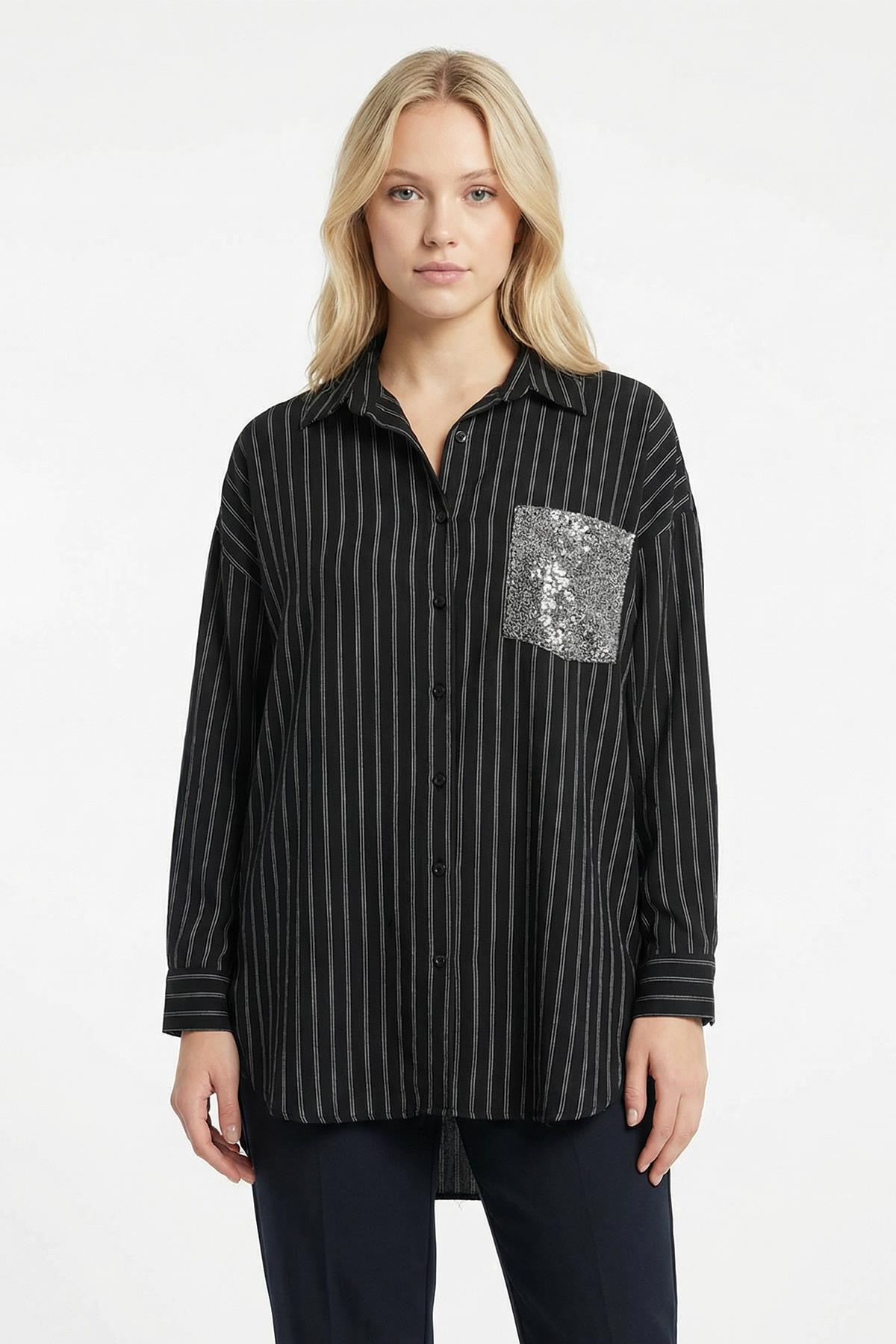 Siyah Cep Payetli Gömlek 4675A - 1