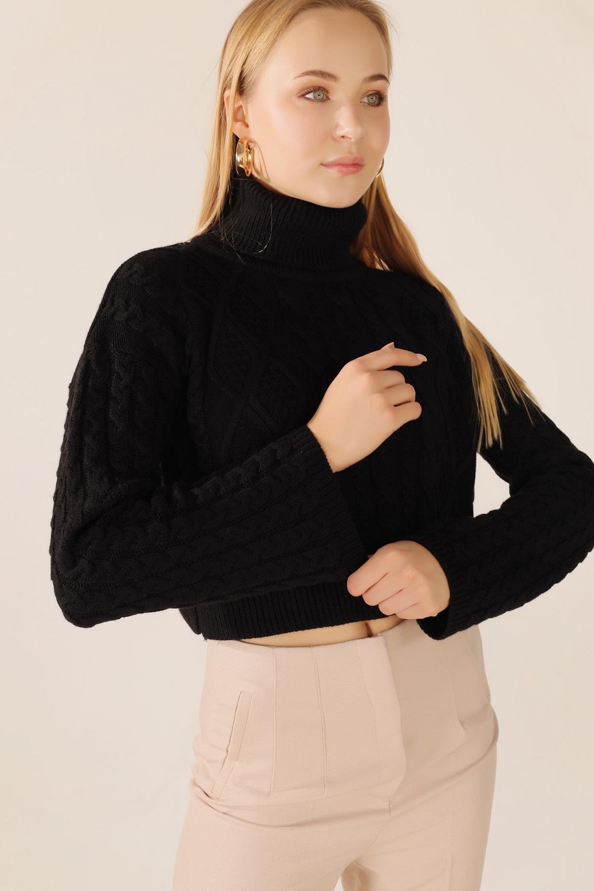 4700 Örgü Detay Boğazlı Kazak Siyah - 1