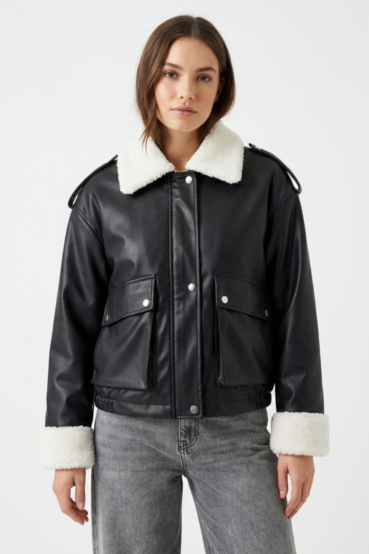 4758 Deri Pelüş Mont Siyah - RAYS