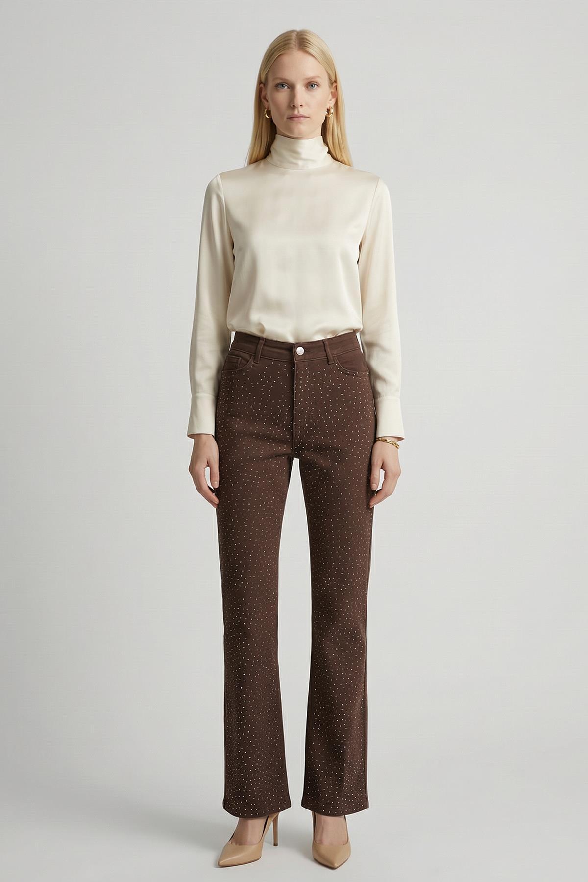 4910 Taşlı Geniş Paça Jean Kahve - RAYS