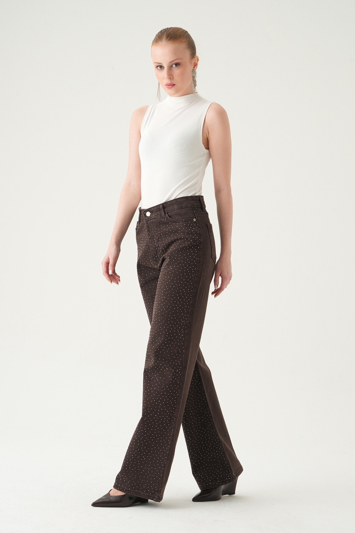Taşlı Geniş Paça Jean 4910 Kahve - RAYS