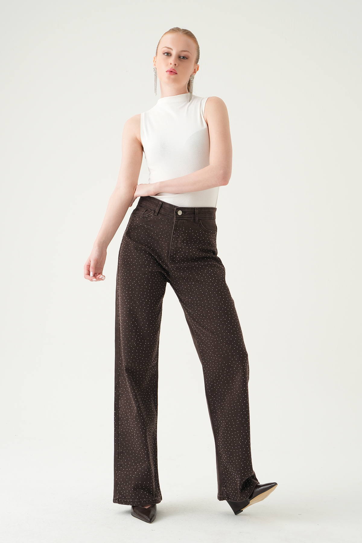 Taşlı Geniş Paça Jean 4910 Kahve - 6