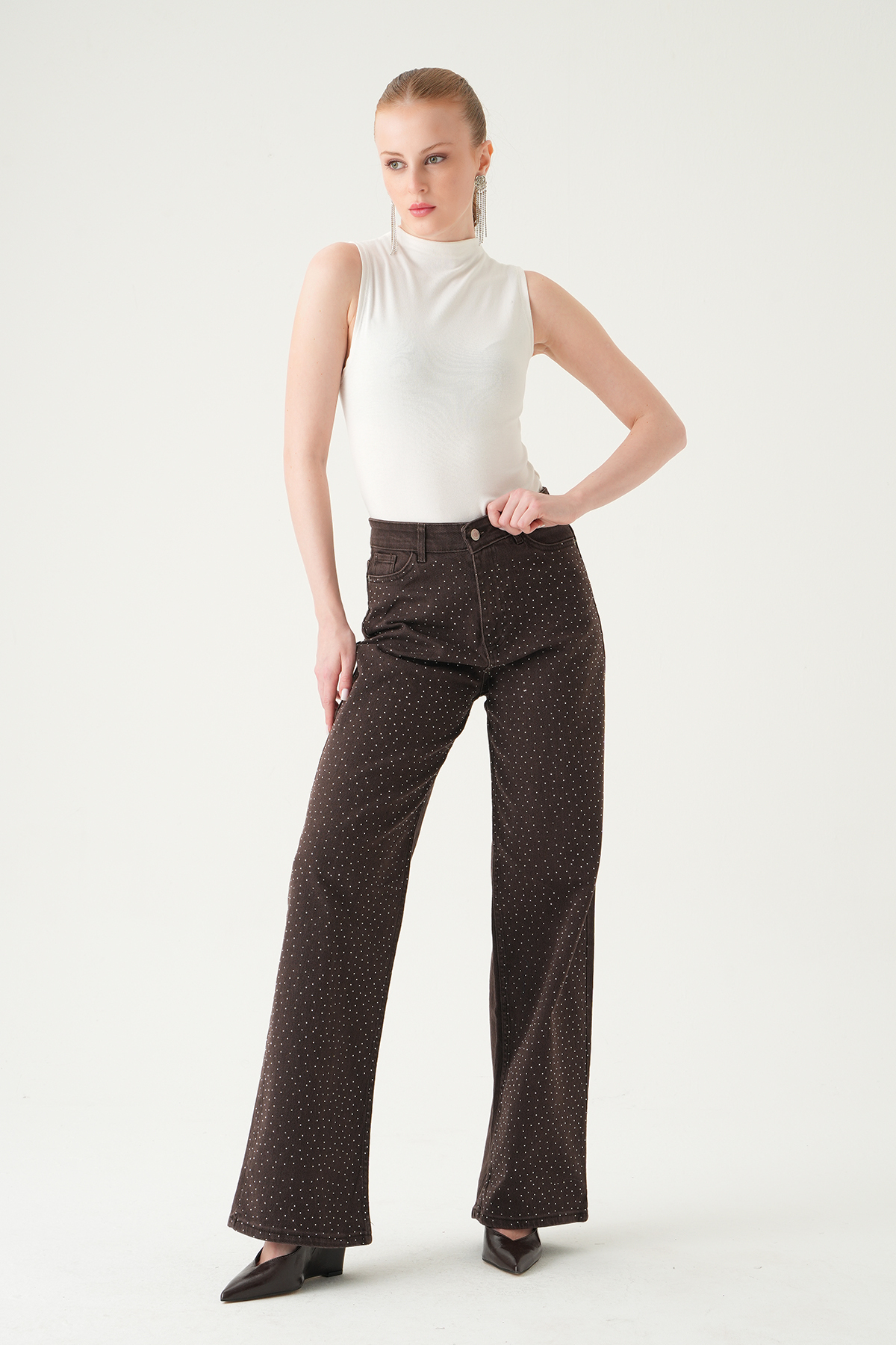 Taşlı Geniş Paça Jean 4910 Kahve - 7