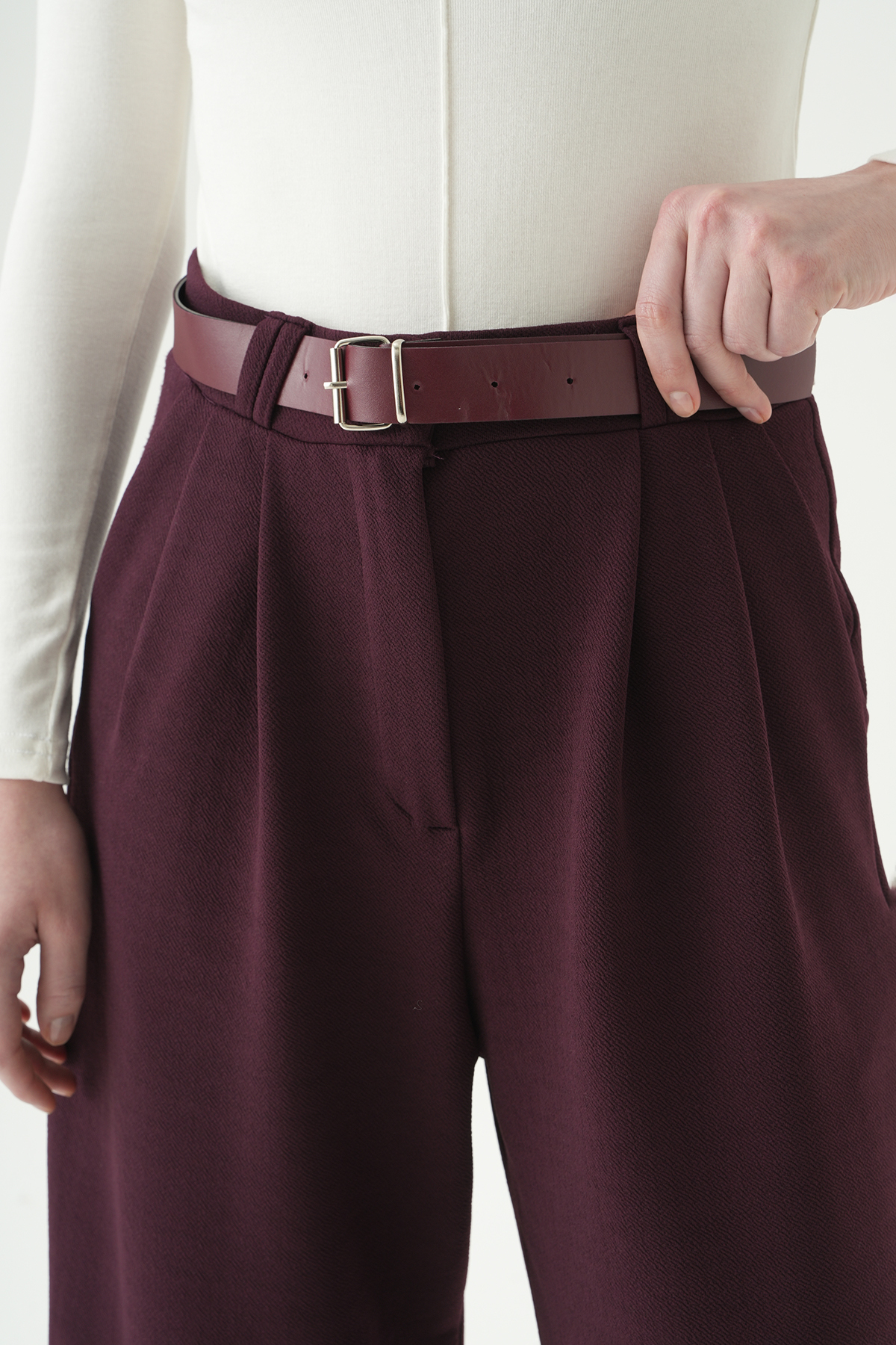 Bordo Çift Pile Detay Kemerli Pantolon 5009 - 4