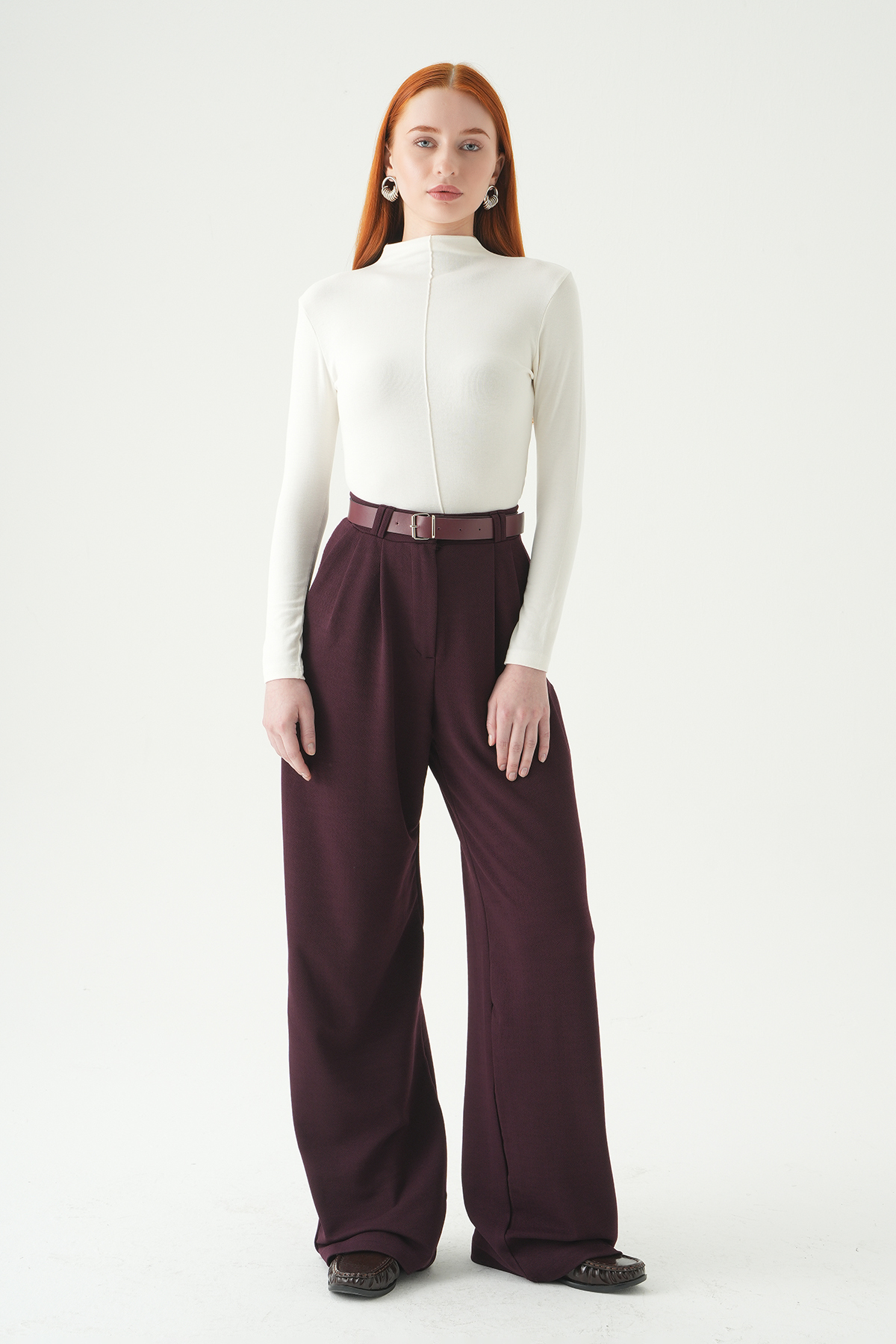 Çift Pile Detay Kemerli Pantolon 5009 Bordo - 6