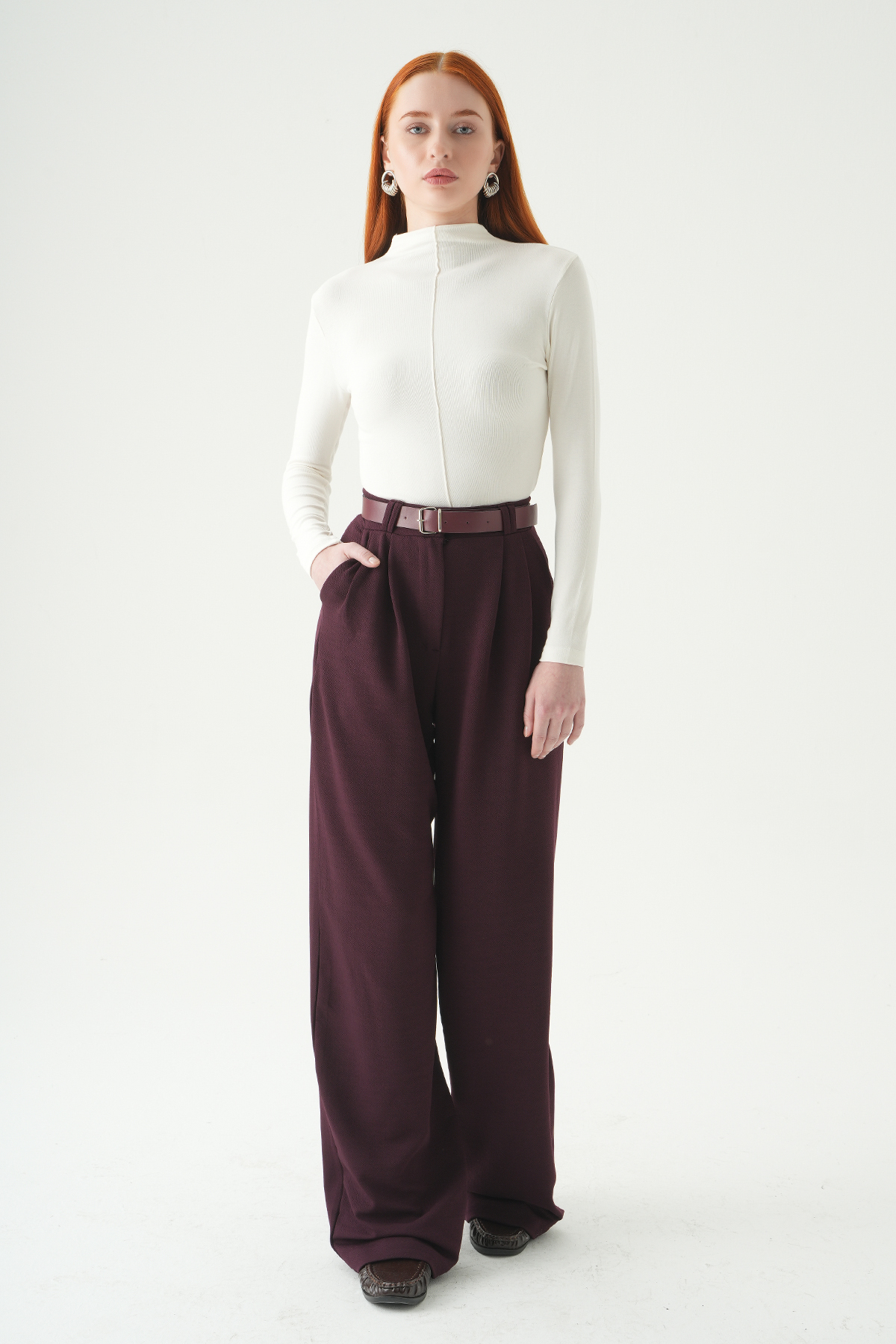 Çift Pile Detay Kemerli Pantolon 5009 Bordo - 7