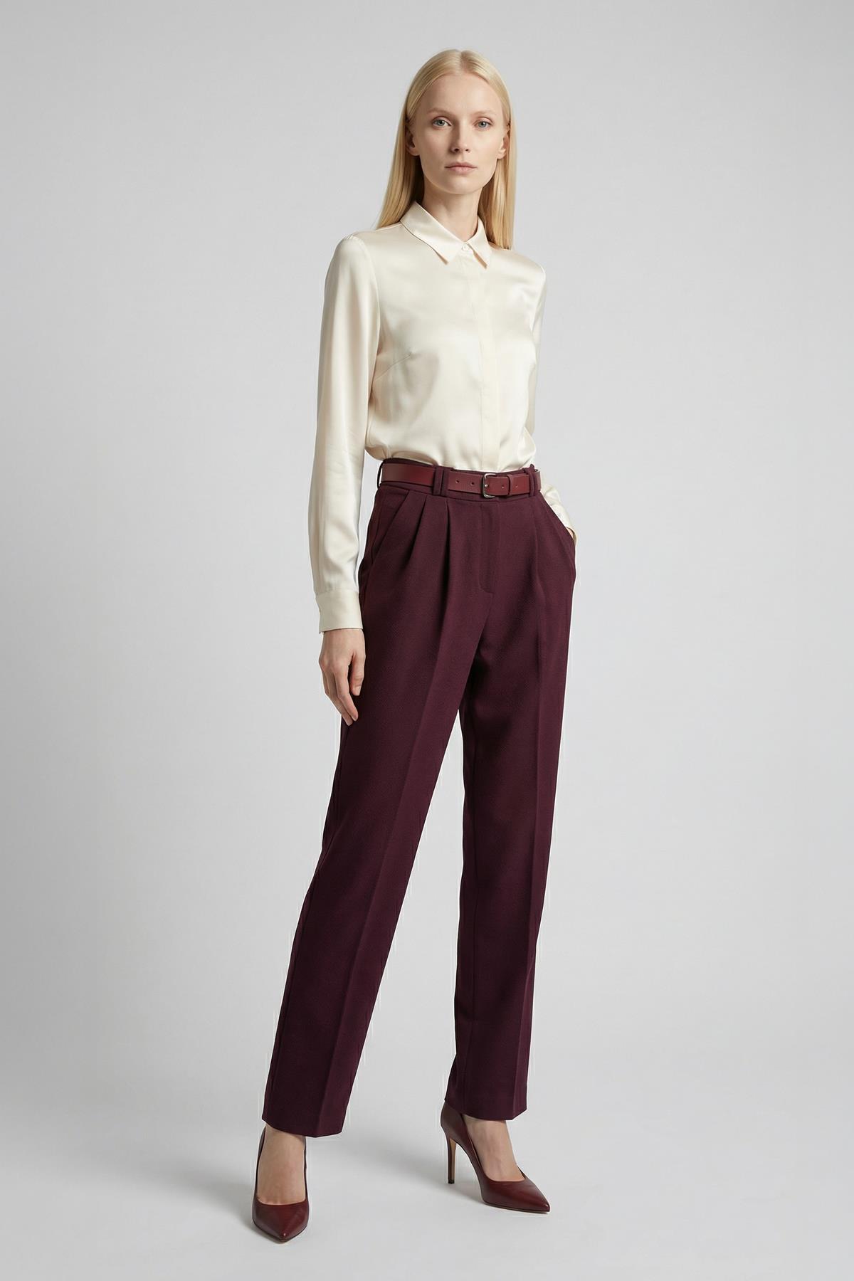 5009 Çift Pile Detay Kemerli Pantolon Bordo - 1