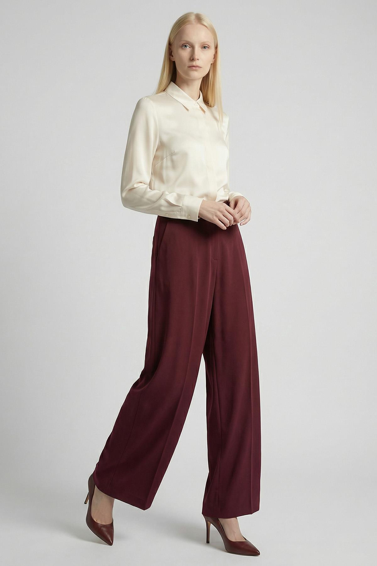 5009 Çift Pile Detay Kemerli Pantolon Bordo - RAYS