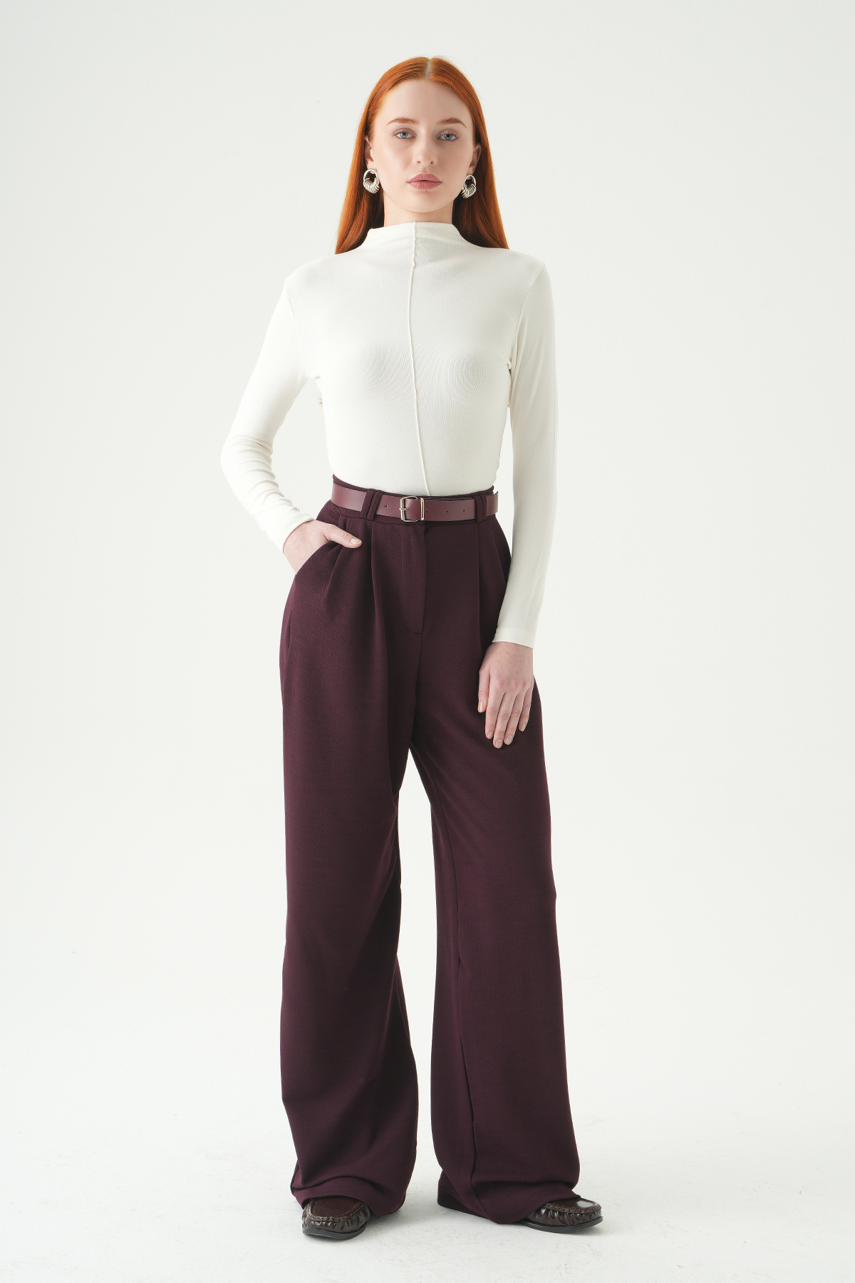 Bordo Çift Pile Detay Kemerli Pantolon 5009 