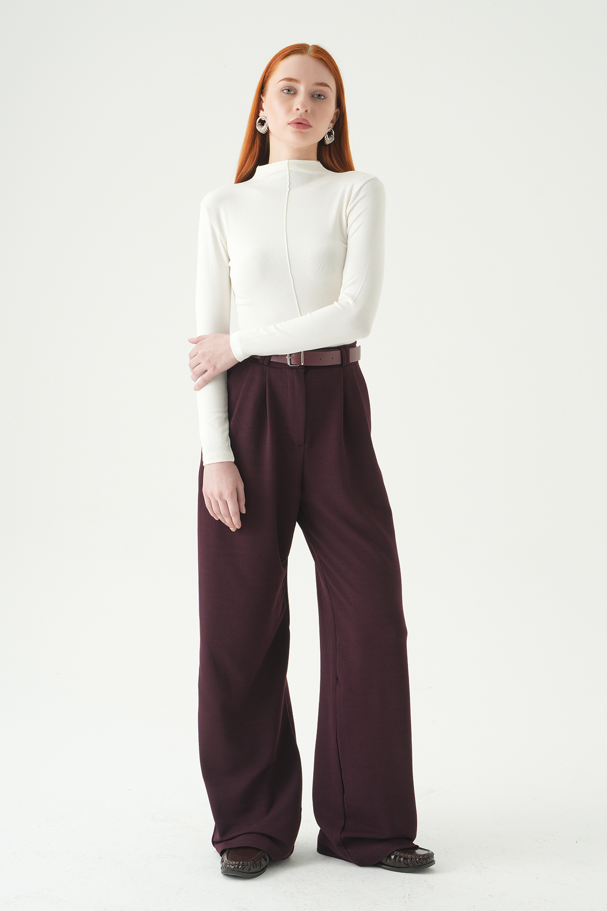 Bordo Çift Pile Detay Kemerli Pantolon 5009 - 3