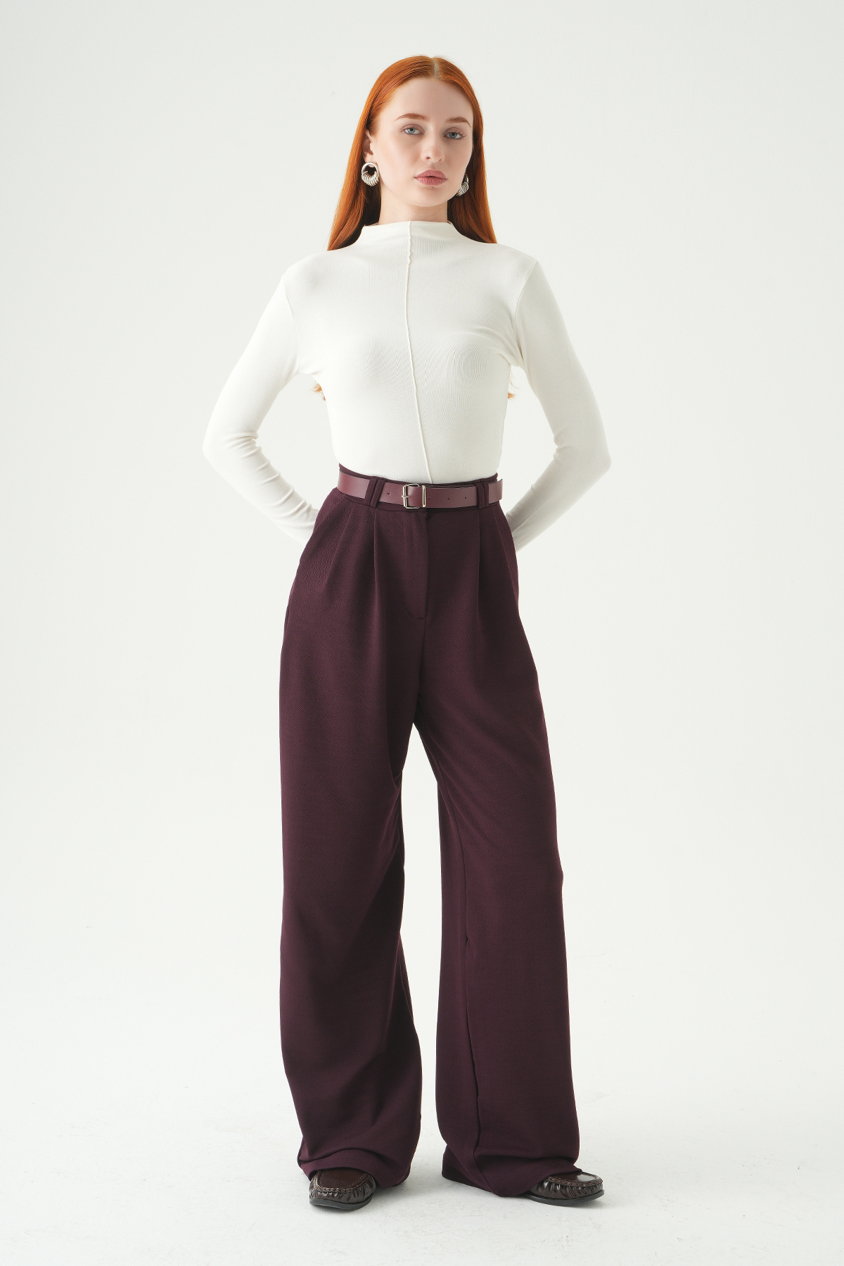 Bordo Çift Pile Detay Kemerli Pantolon 5009 - RAYS