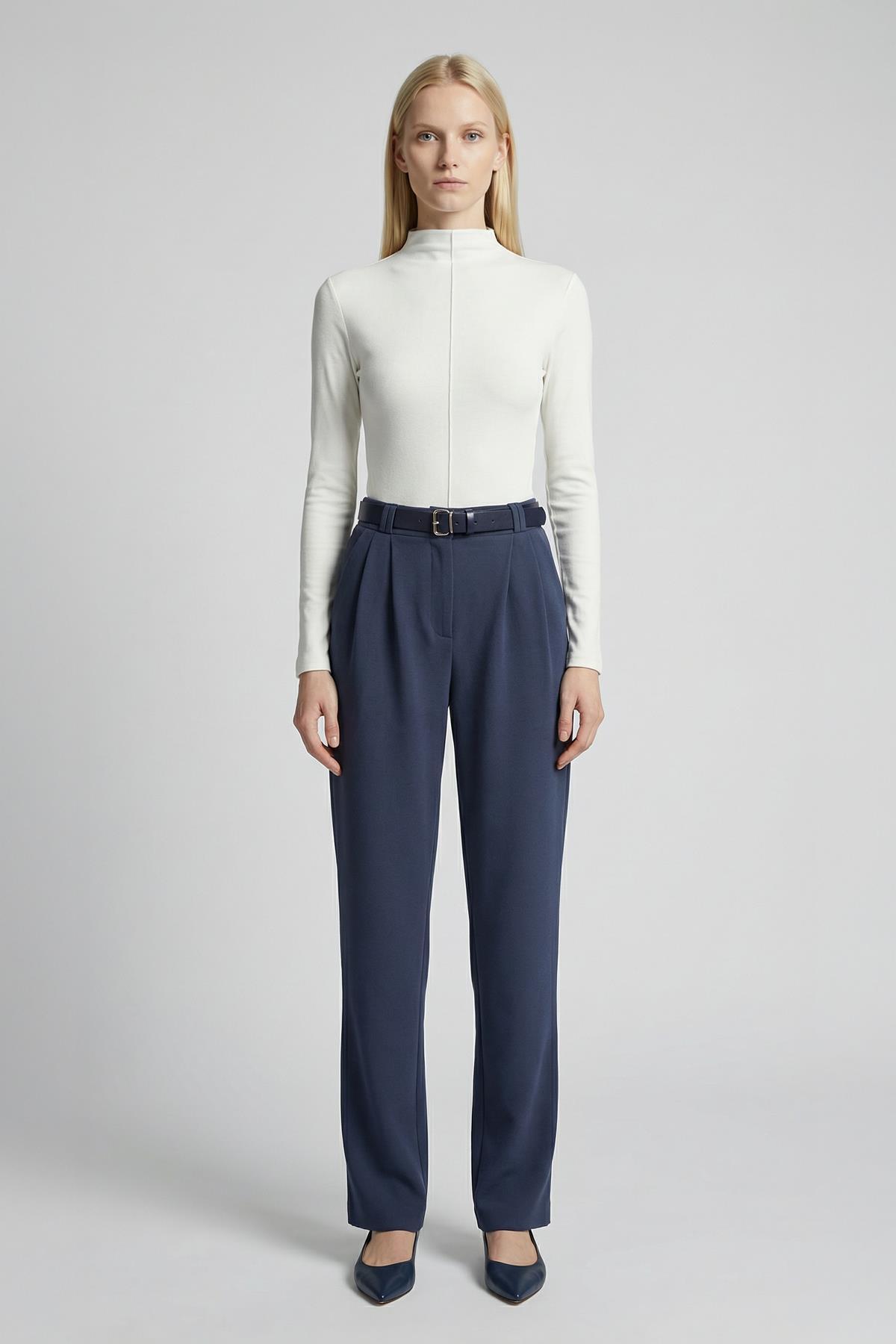 5009 Çift Pile Detay Kemerli Pantolon Füme - RAYS