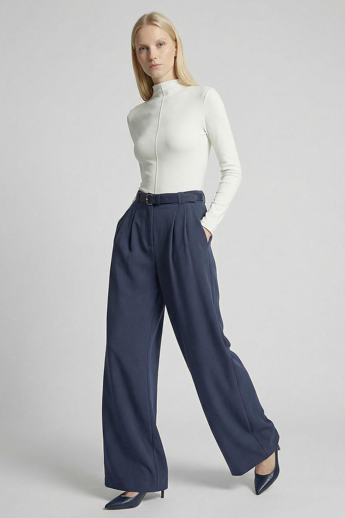 5009 Çift Pile Detay Kemerli Pantolon Füme - RAYS