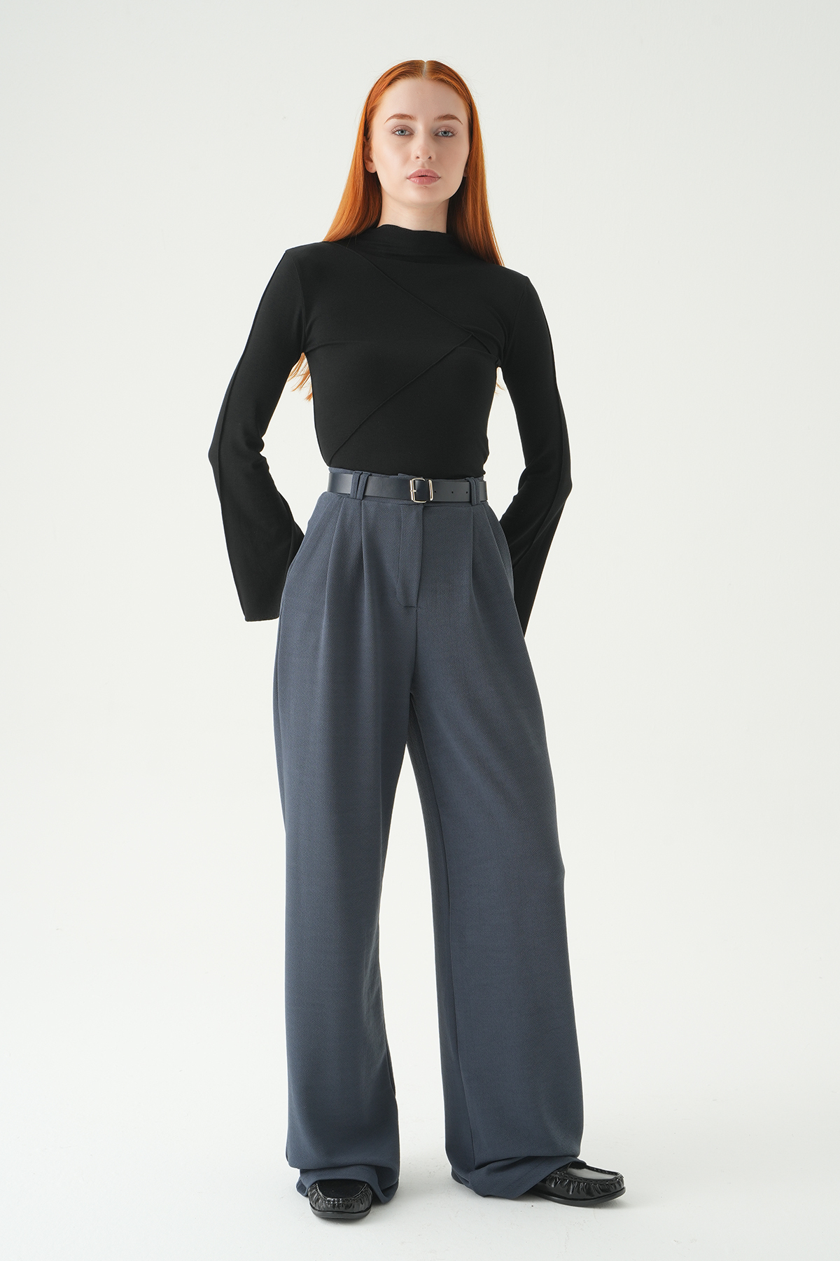 Füme Çift Pile Detay Kemerli Pantolon 5009 - 1