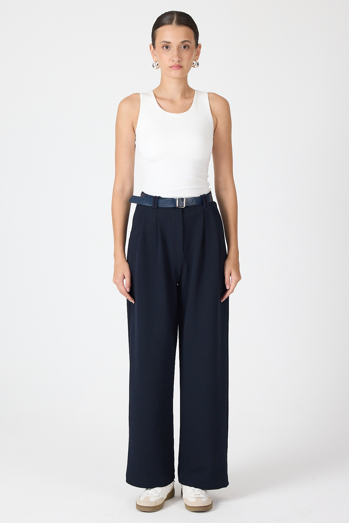 Gece Mavisi Çift Pile Detay Kemerli Kadın Pantolon 5009 - RAYS