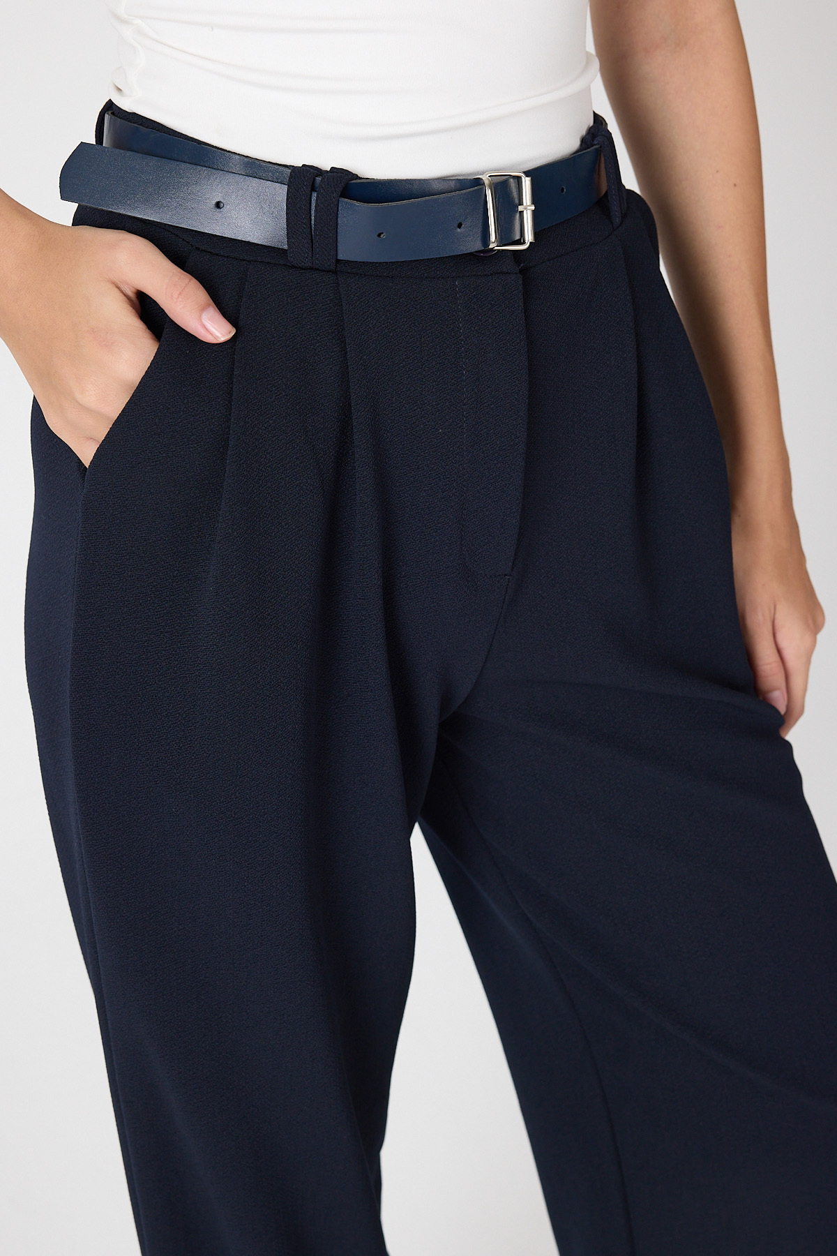 Gece Mavisi Çift Pile Detay Kemerli Kadın Pantolon 5009 - RAYS