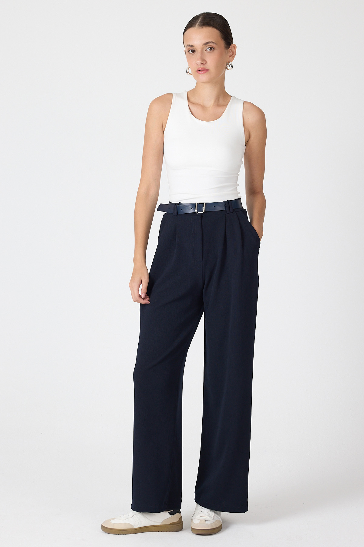 Gece Mavisi Çift Pile Detay Kemerli Kadın Pantolon 5009 - 1