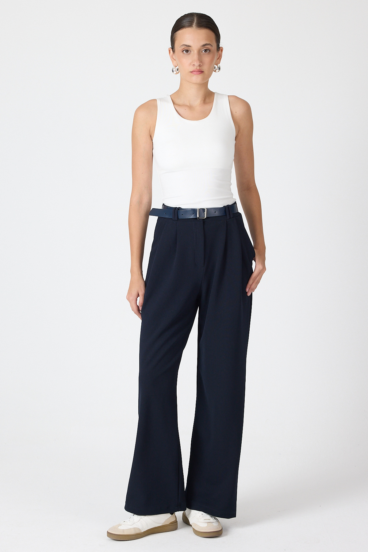 Gece Mavisi Çift Pile Detay Kemerli Kadın Pantolon 5009 - 3