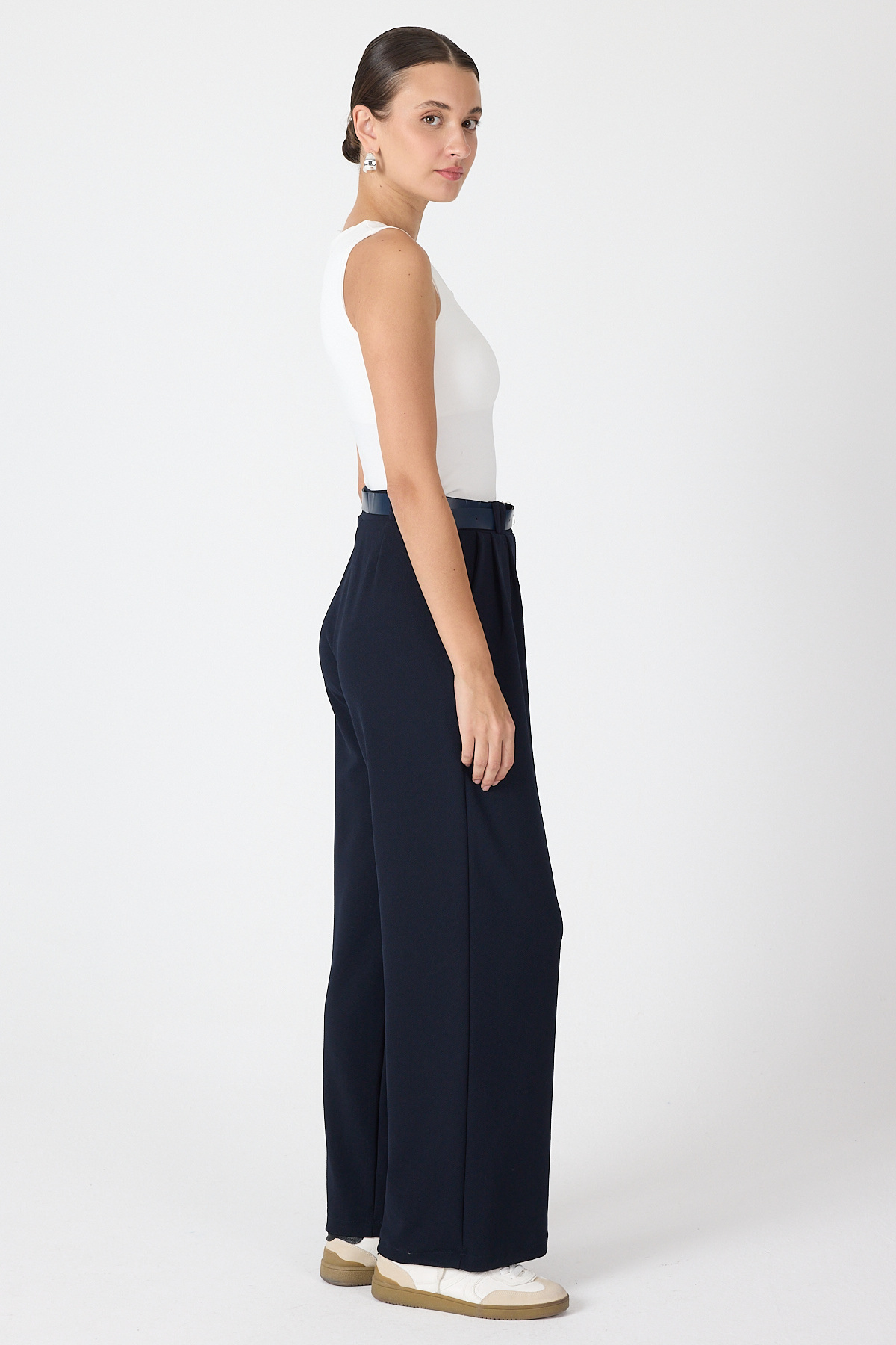 Gece Mavisi Çift Pile Detay Kemerli Kadın Pantolon 5009 - 5