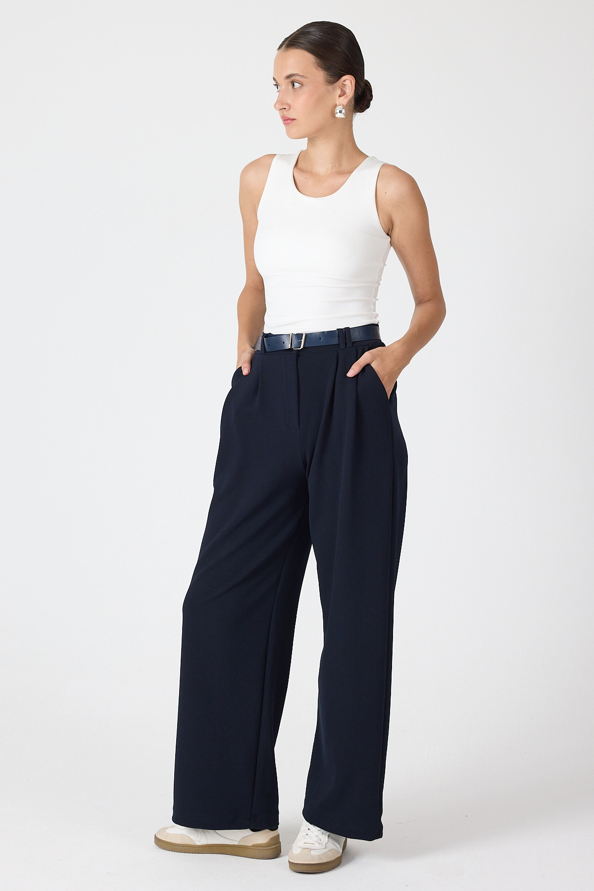 Gece Mavisi Çift Pile Detay Kemerli Kadın Pantolon 5009 - 6