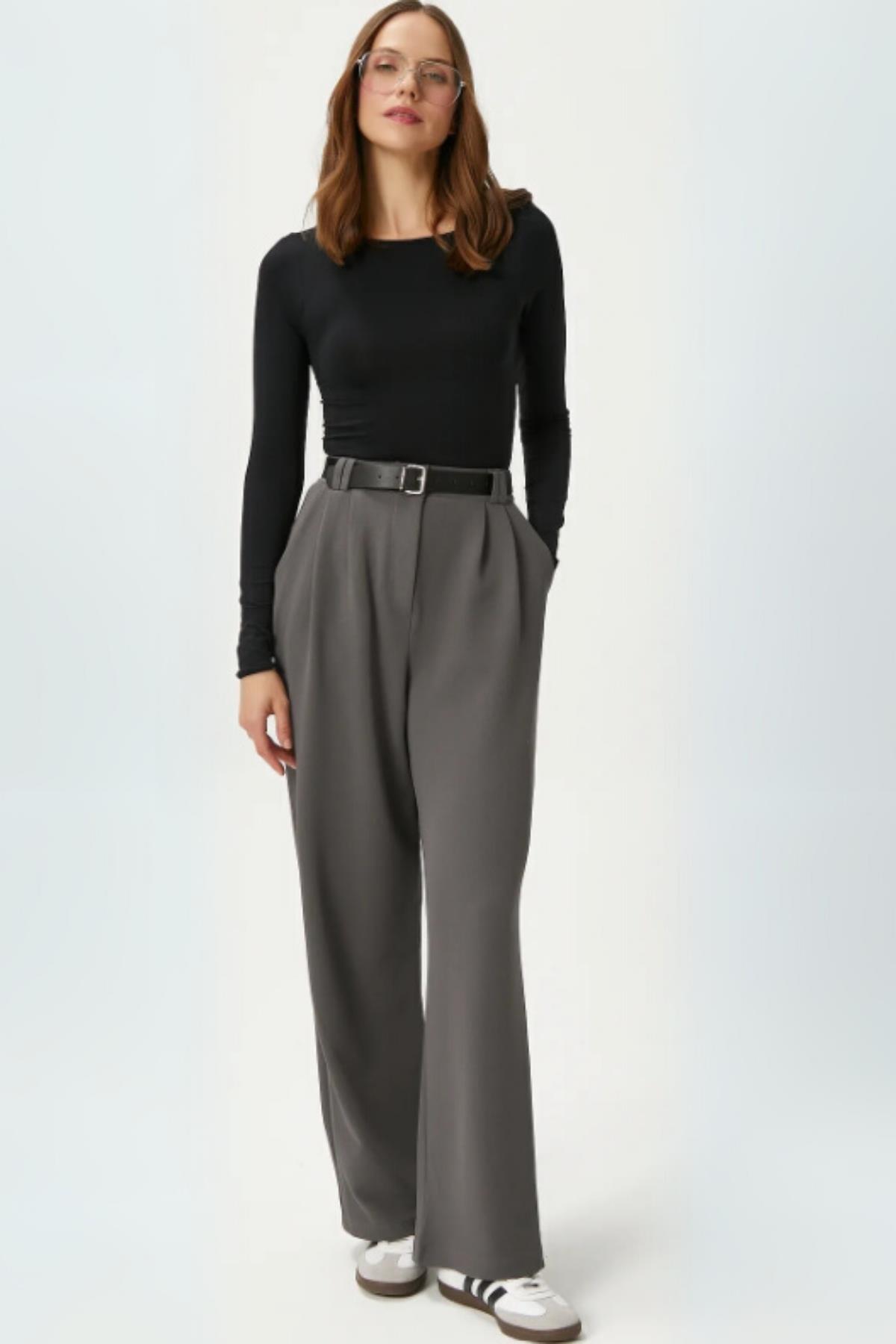 5009 Çift Pile Detay Kemerli Pantolon Gri 