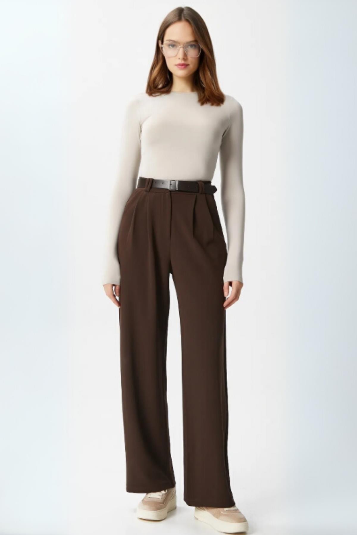 5009 Çift Pile Detay Kemerli Pantolon Kahve - 1