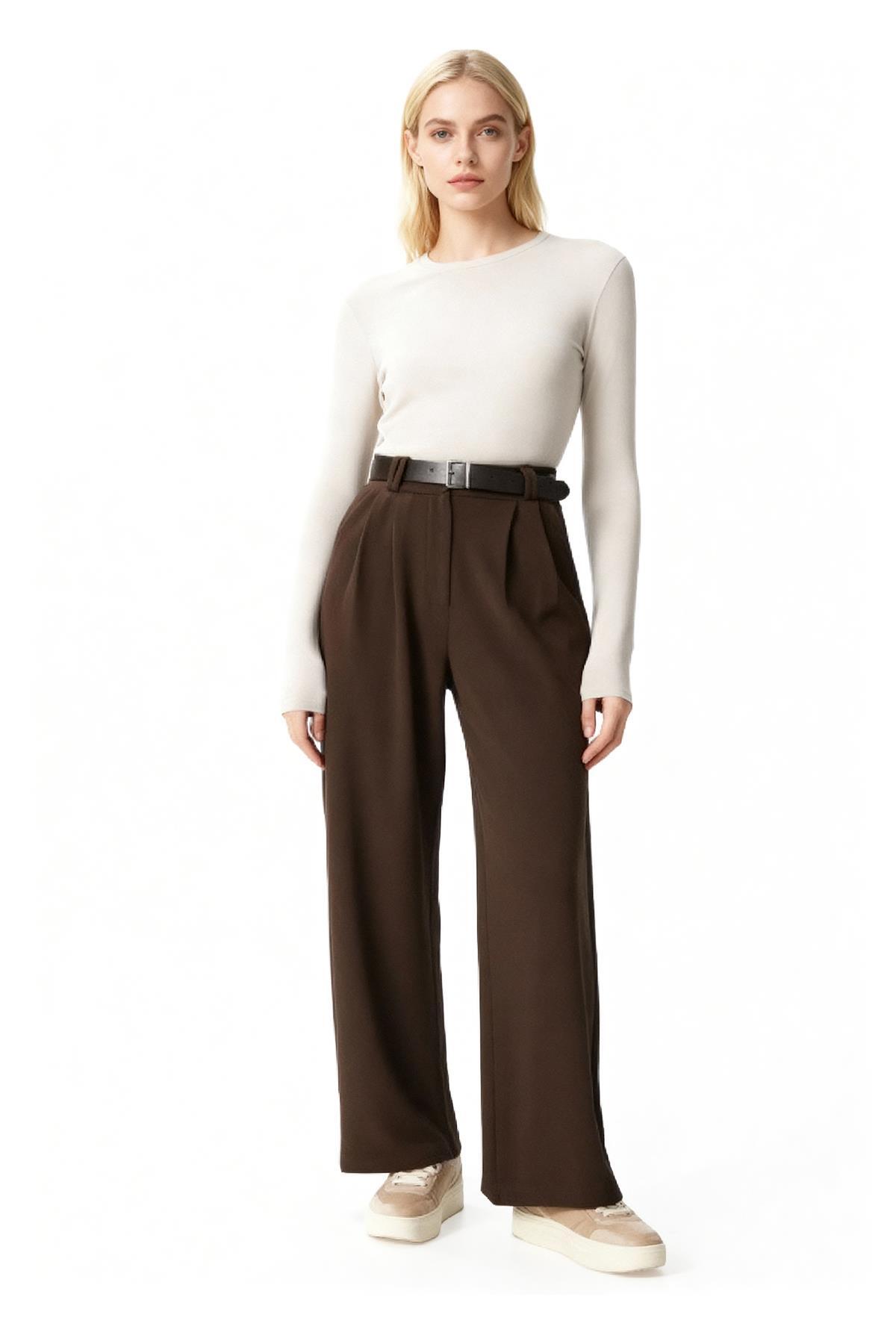 5009 Çift Pile Detay Kemerli Pantolon Kahve 