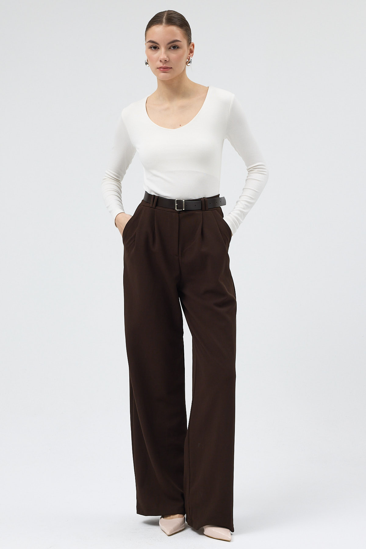 Kahverengi Palazzo Likralı Kadın Pantolon 5009 - 6