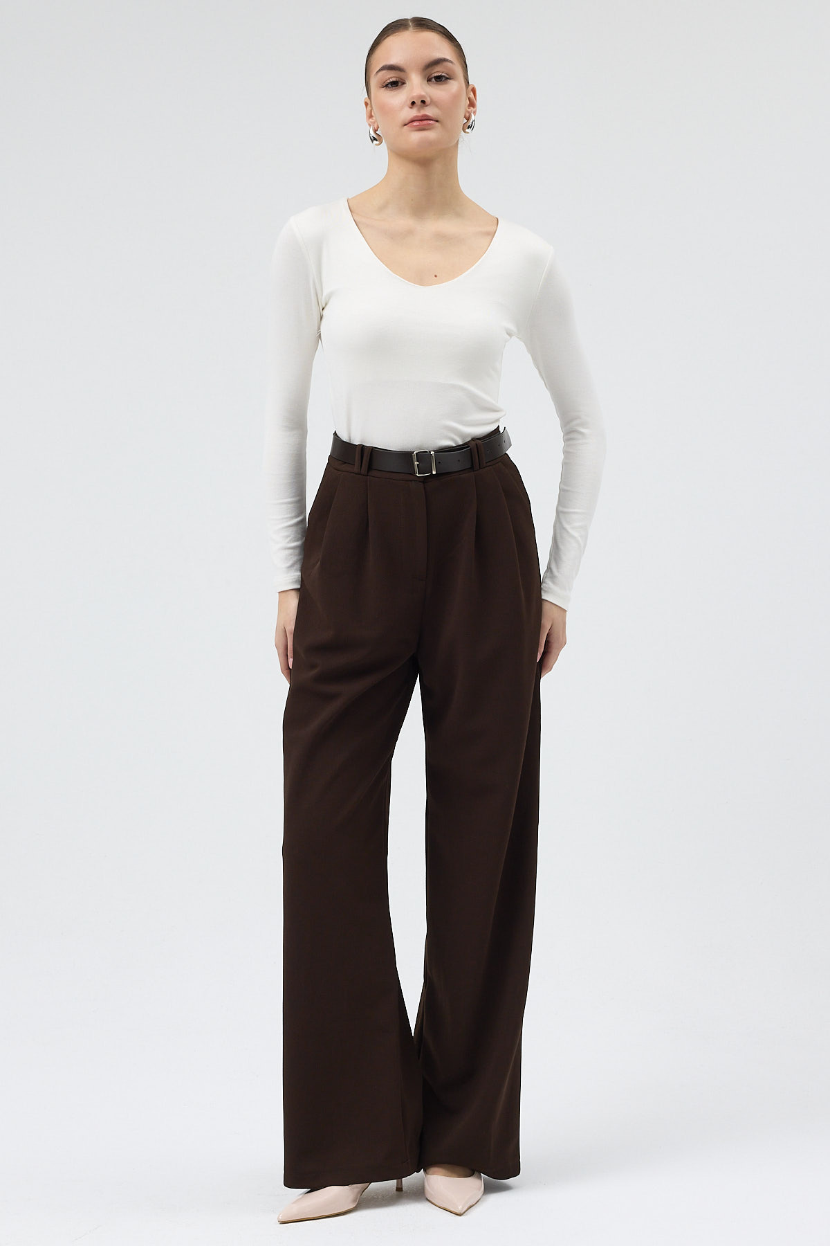 Kahverengi Palazzo Likralı Kadın Pantolon 5009 