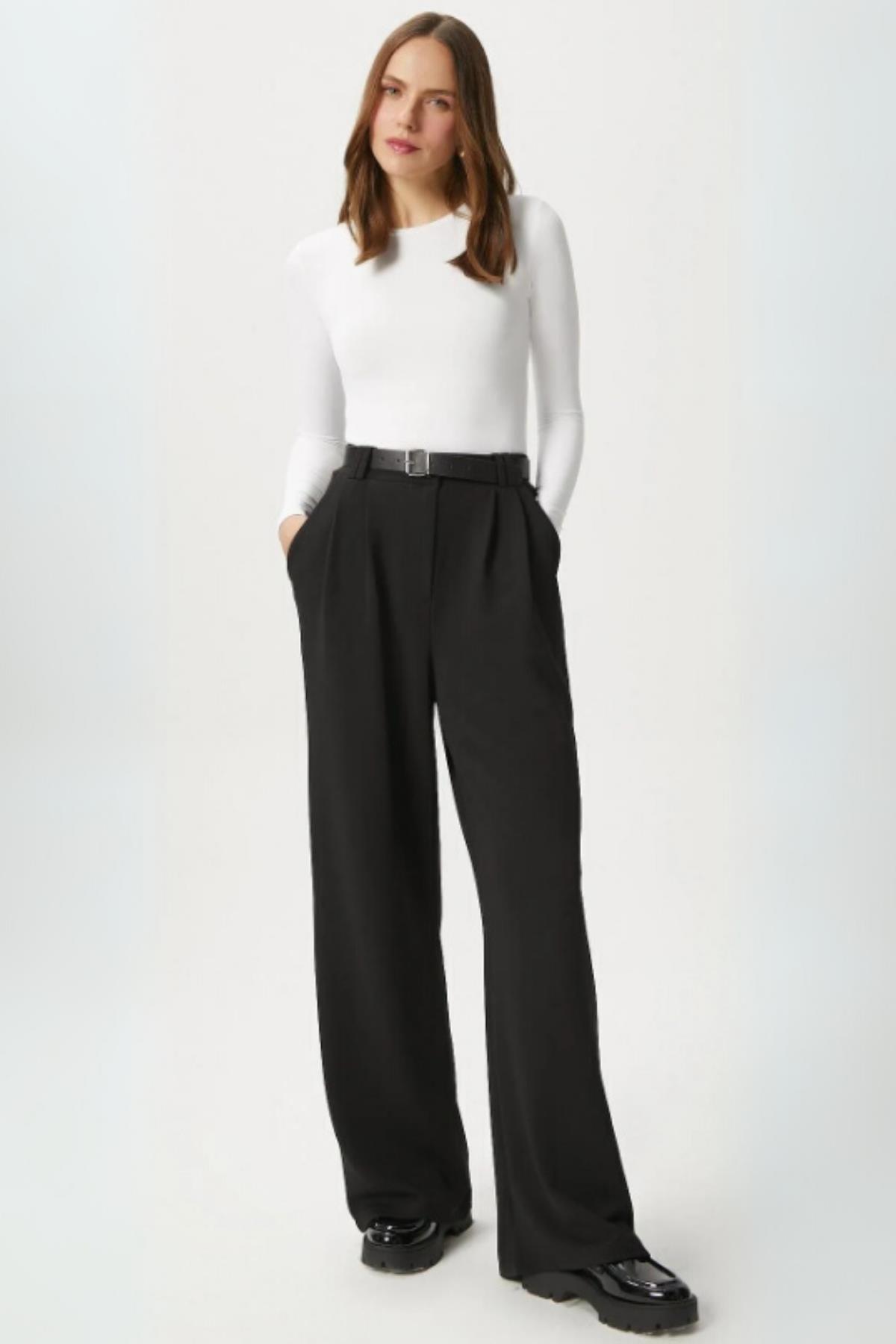 5009 Çift Pile Detay Kemerli Pantolon Siyah - 1