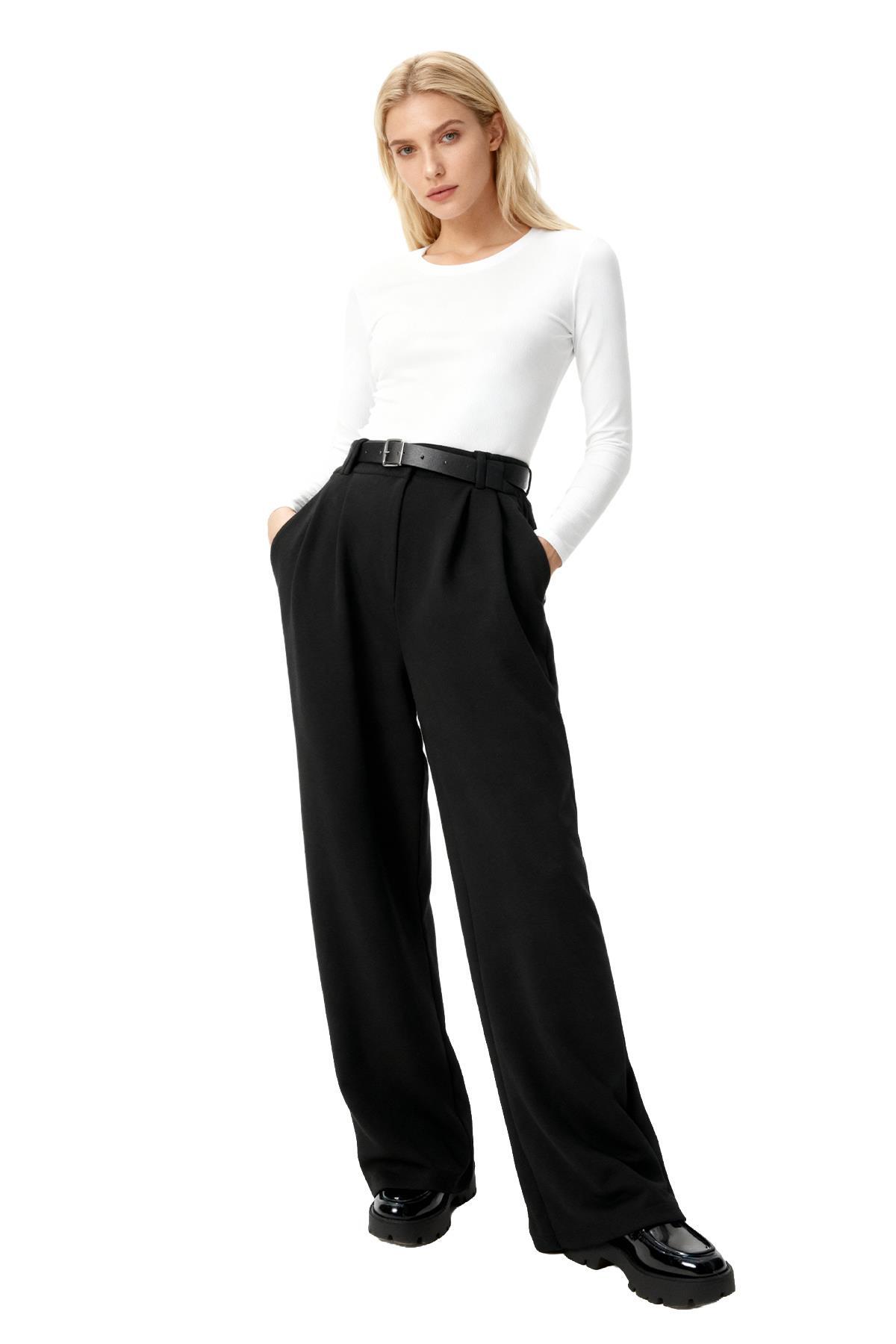 5009 Çift Pile Detay Kemerli Pantolon Siyah - 1