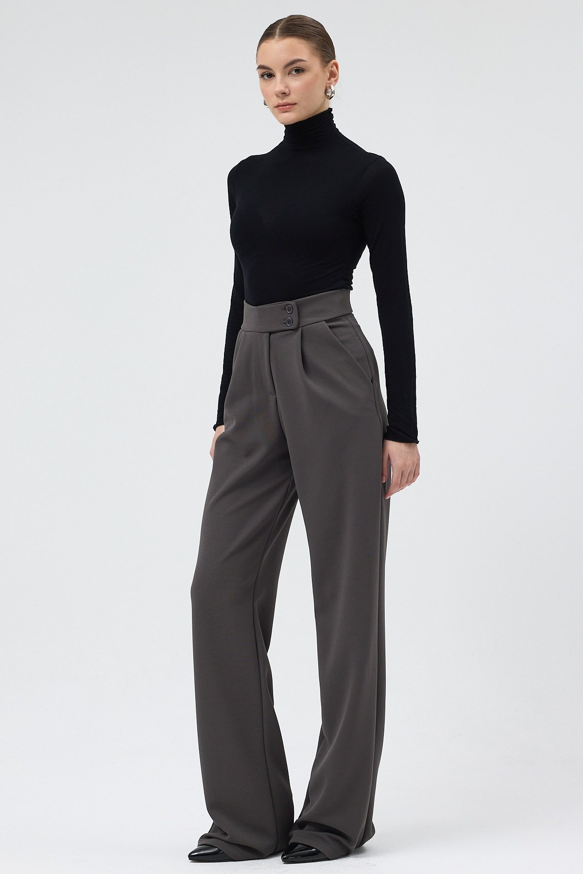 Antrasit Yüksek Bel Çift Düğmeli Geniş Paça Kadın Pantolon 5010 - 7