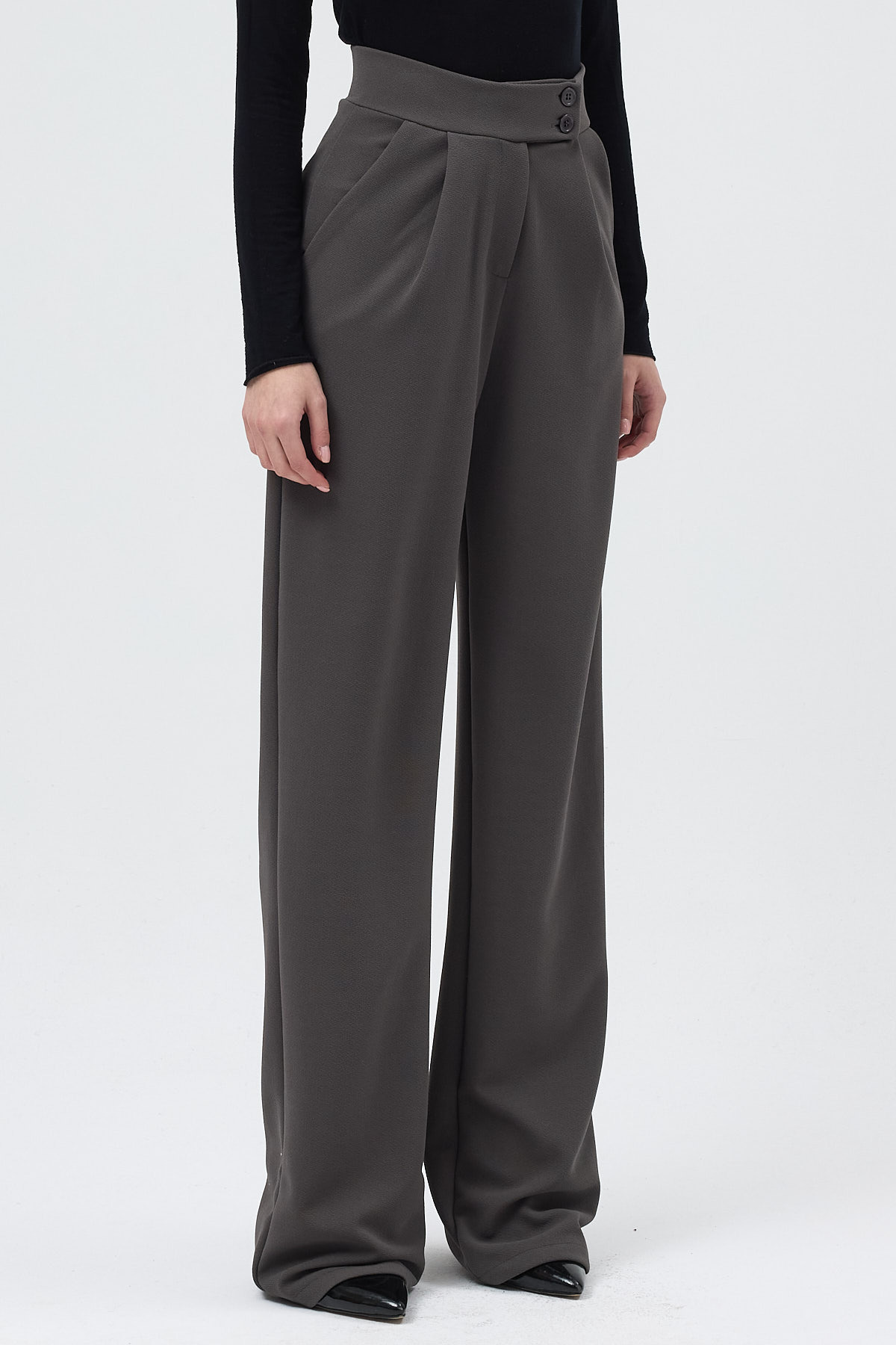 Antrasit Yüksek Bel Çift Düğmeli Geniş Paça Kadın Pantolon 5010 - RAYS