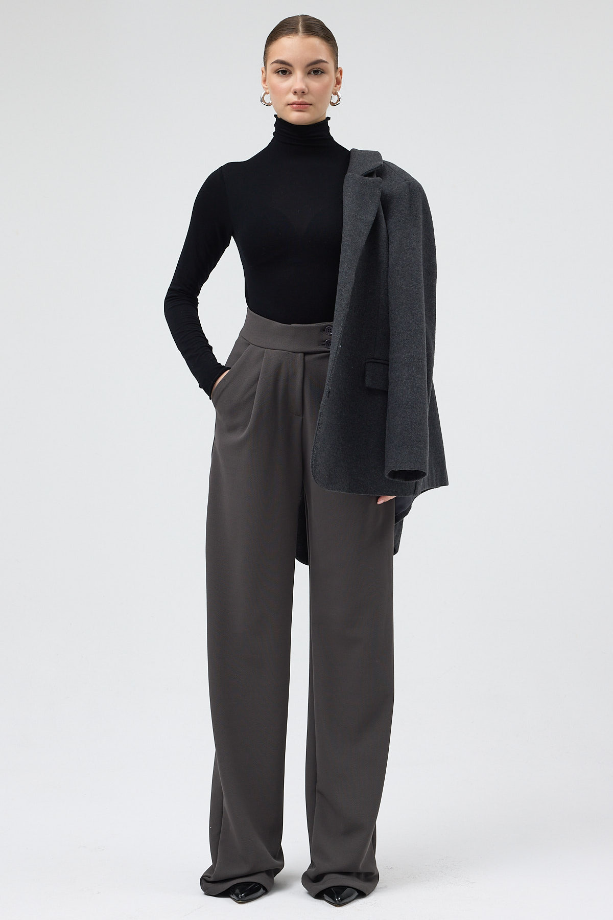 Antrasit Yüksek Bel Çift Düğmeli Geniş Paça Kadın Pantolon 5010 - 6