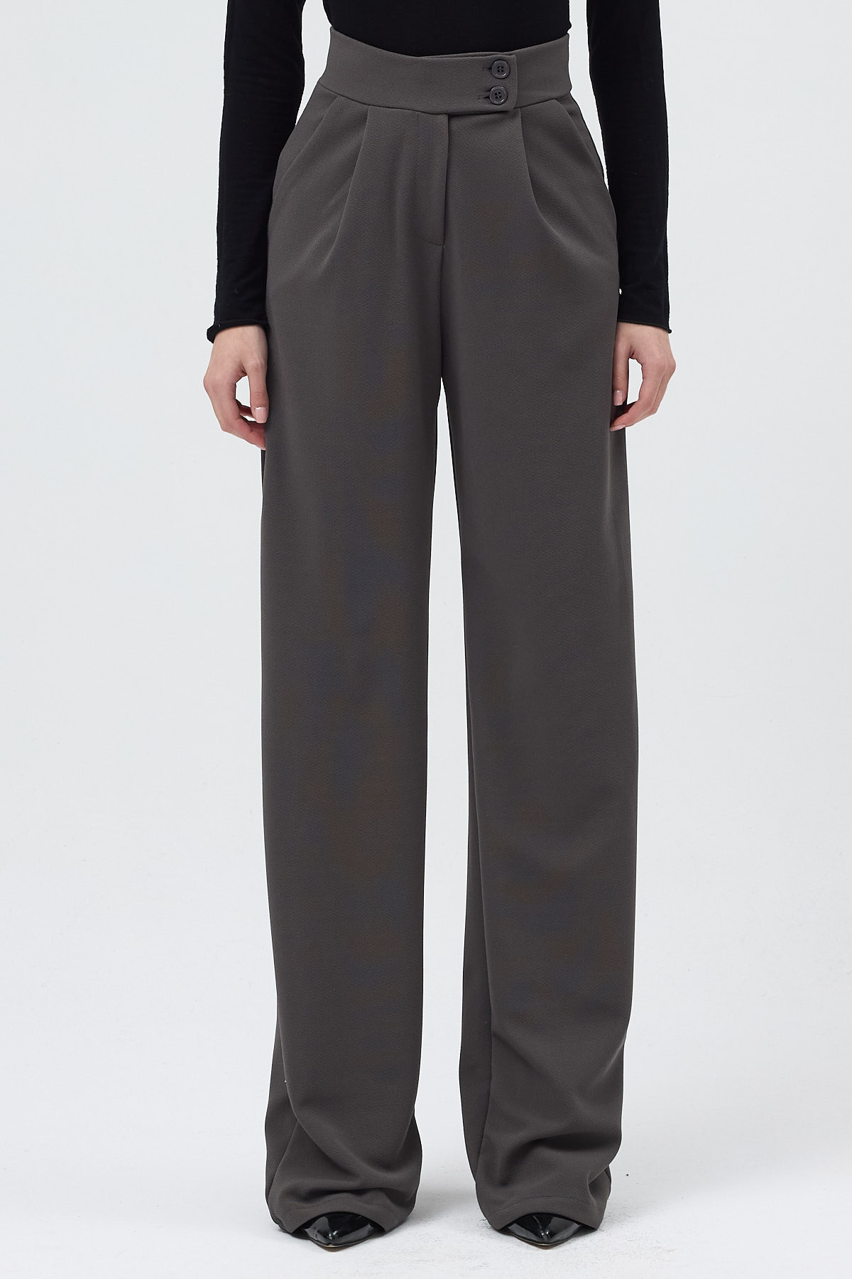 Antrasit Yüksek Bel Çift Düğmeli Geniş Paça Kadın Pantolon 5010 - 2