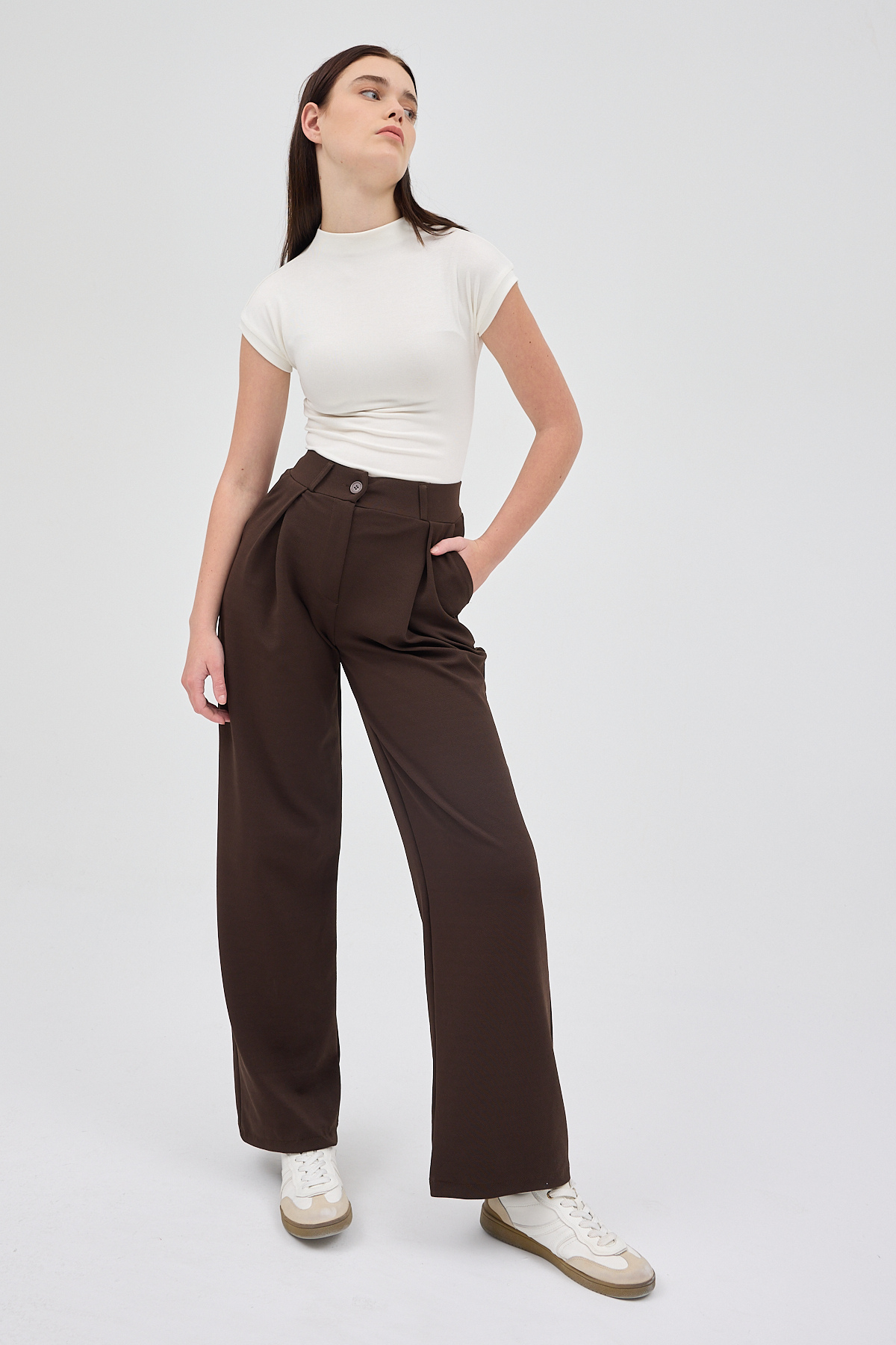 Kahve Tek Düğmeli Pensli Kadın Pantolon 5011 - RAYS