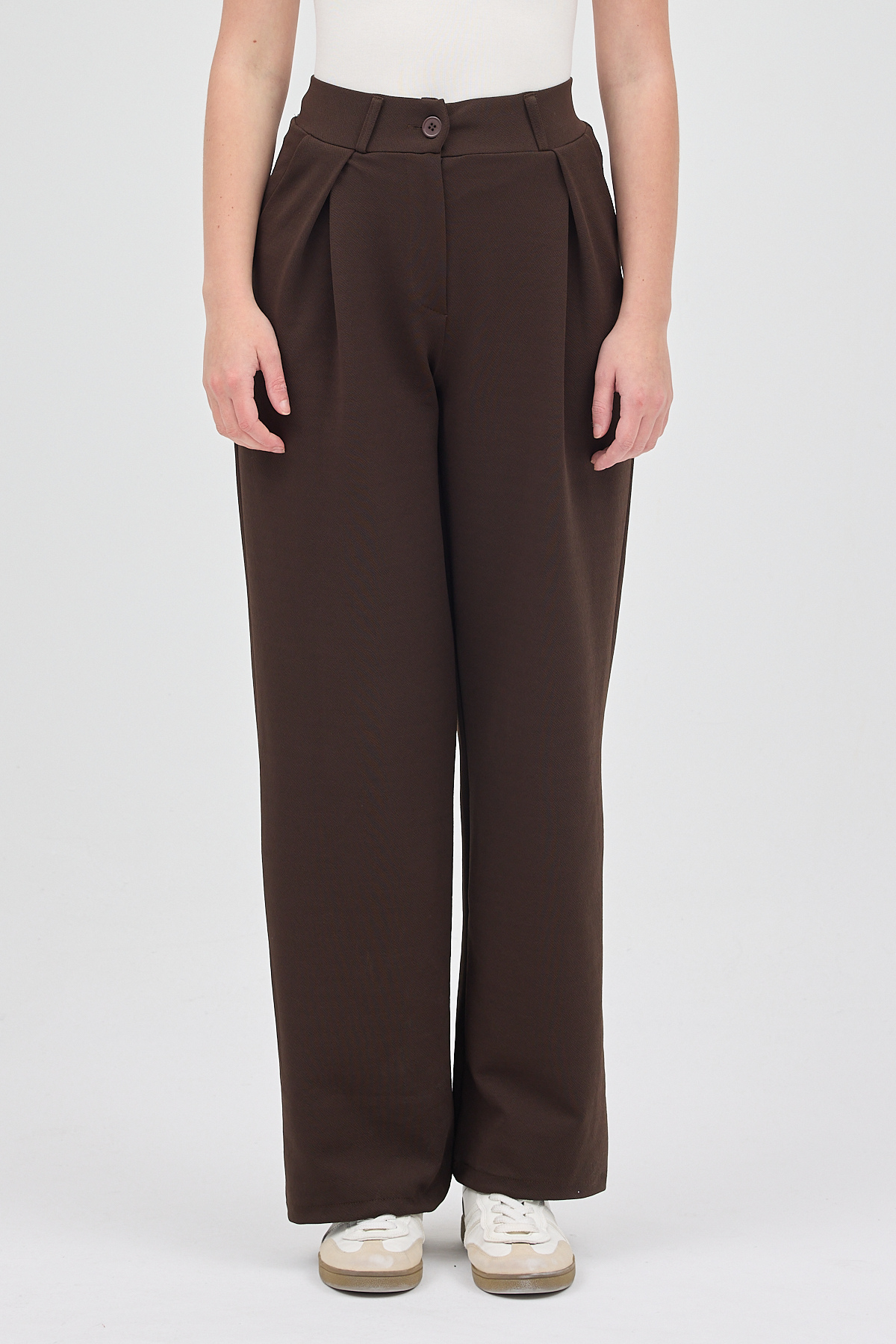 Kahve Tek Düğmeli Pensli Kadın Pantolon 5011 - 2