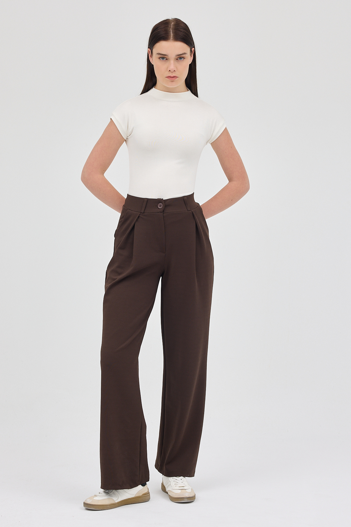 Kahve Tek Düğmeli Pensli Kadın Pantolon 5011 - 1