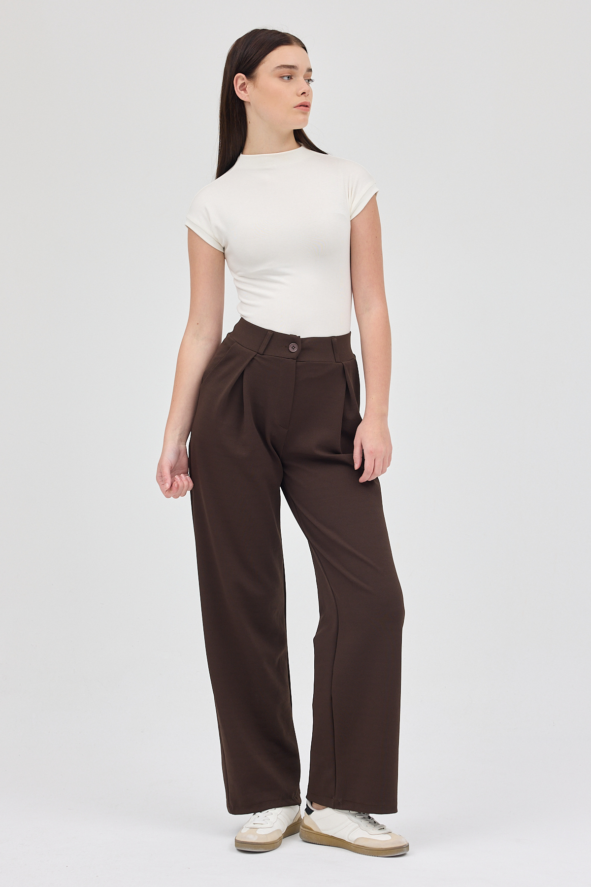 Kahve Tek Düğmeli Pensli Kadın Pantolon 5011 - 6
