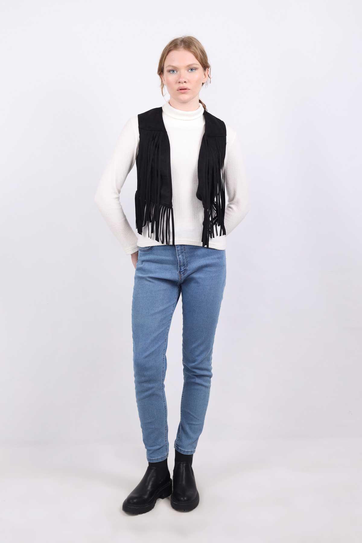 5019 Püskül Detay Yelek Siyah - RAYS