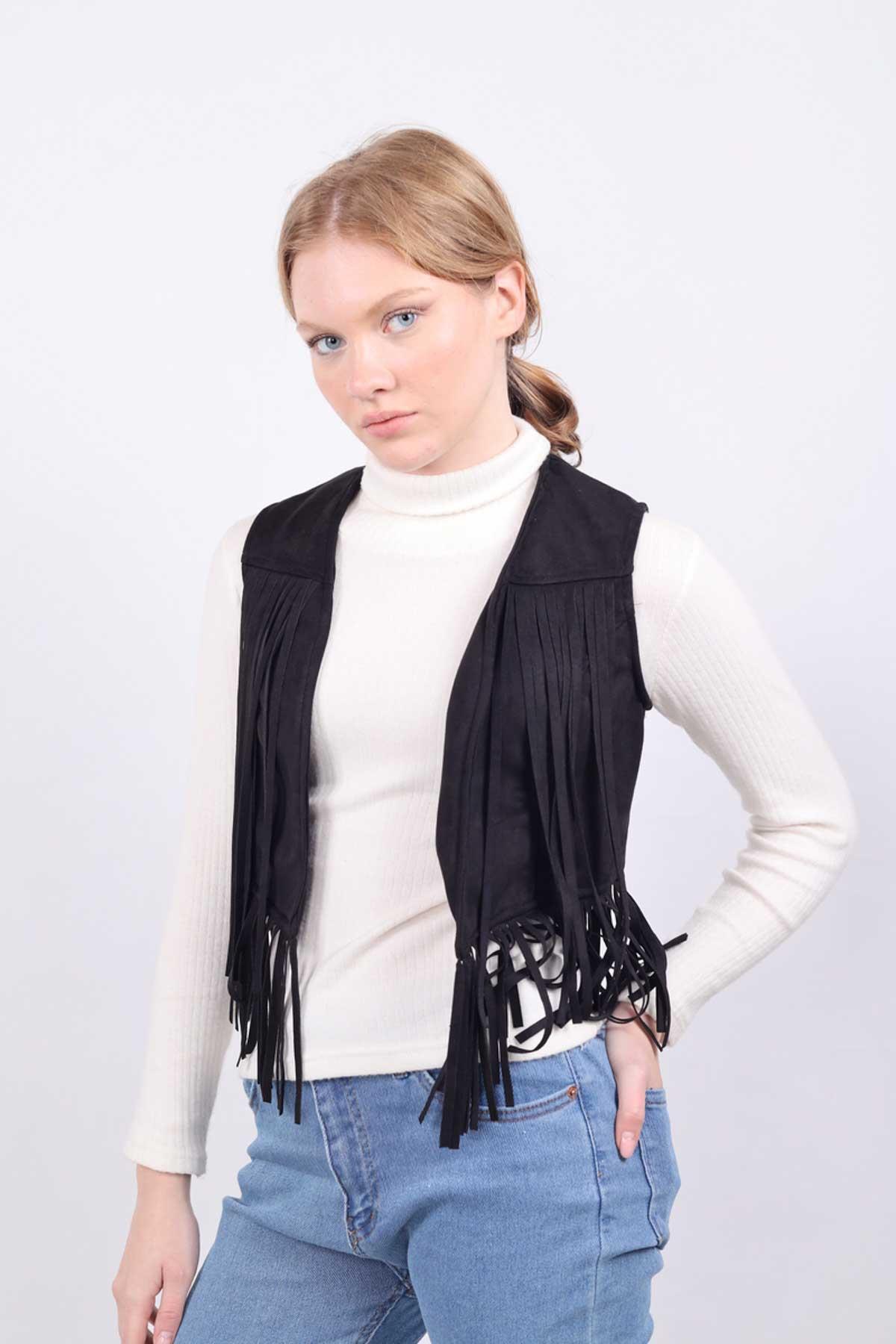 Siyah Püskül Detay Yelek 5019 