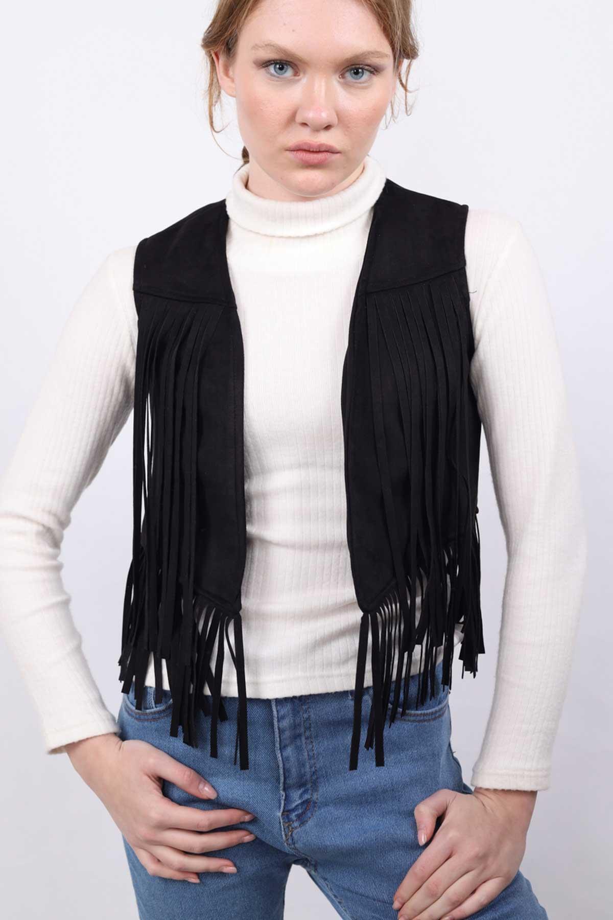 Siyah Püskül Detay Yelek 5019 - 3