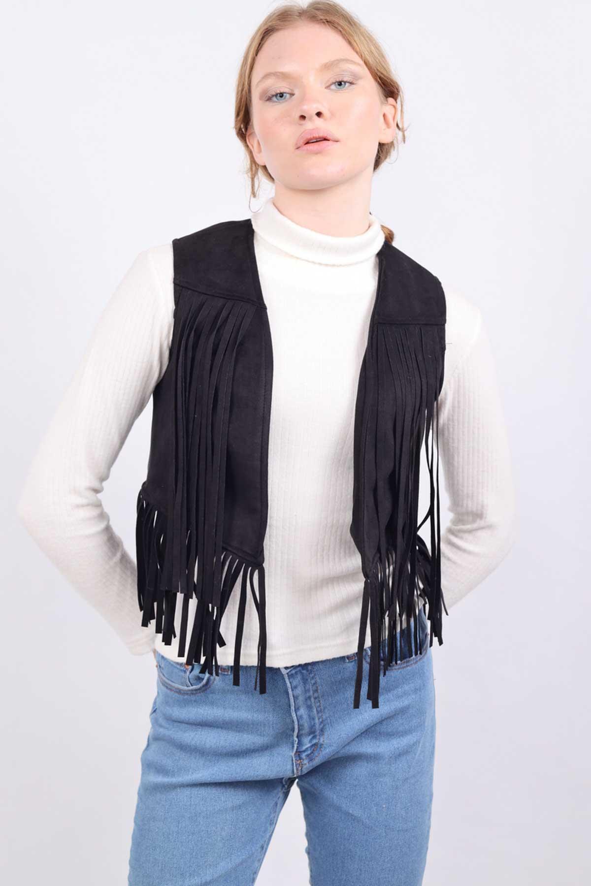 Siyah Püskül Detay Yelek 5019 - 7