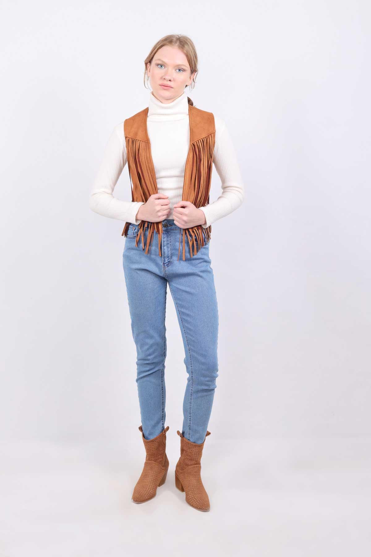 5019 Püskül Detay Yelek Taba - 2