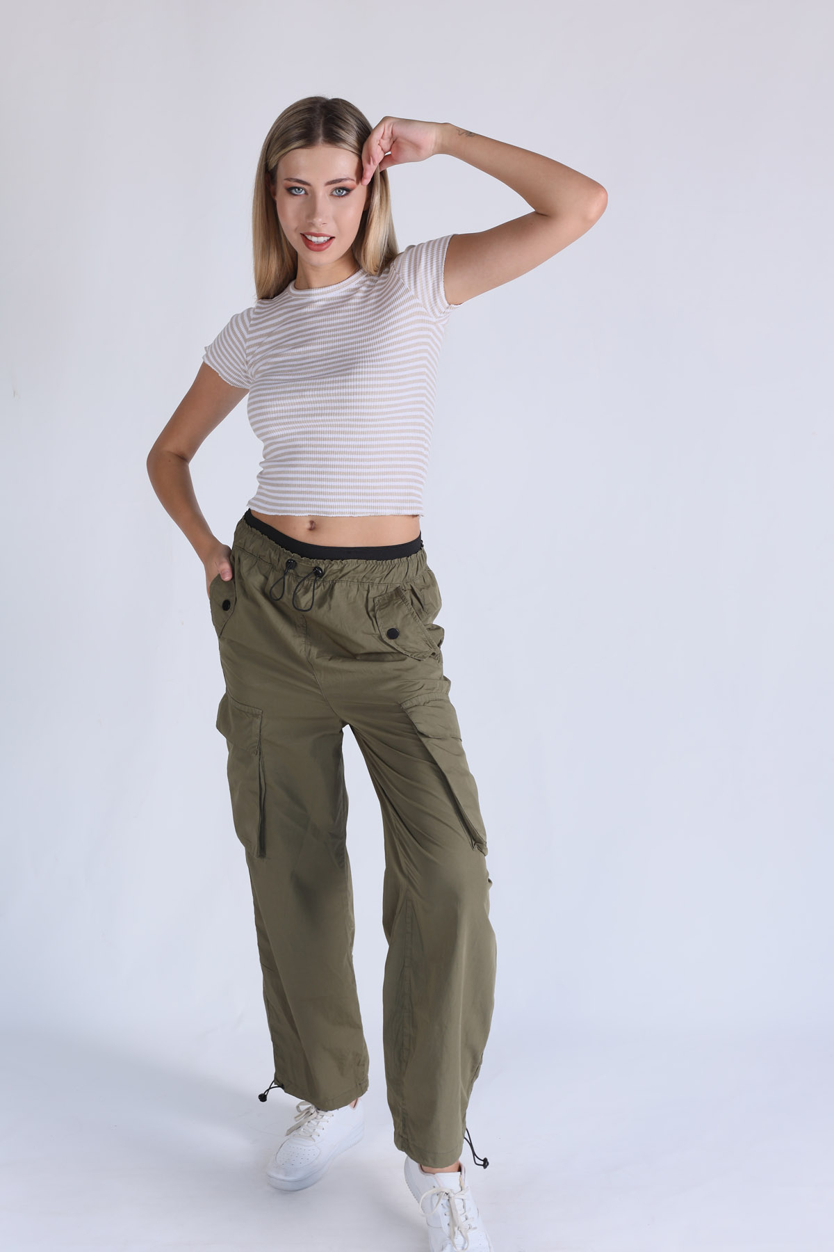5026 Bel Detay Paraşüt Pantolon Haki - 2